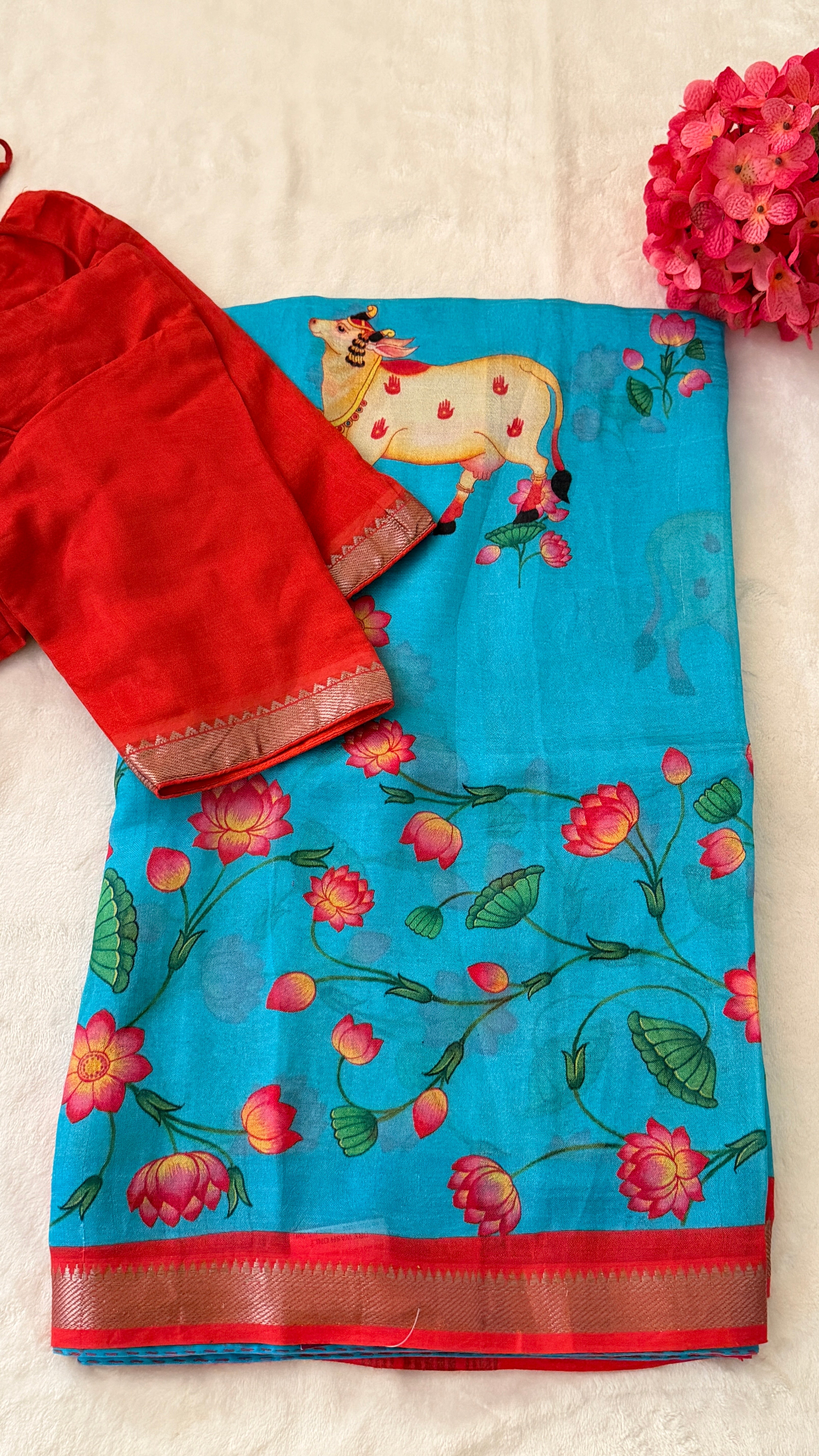 Blue & Orange Kalamkari Mangalagiri Saree