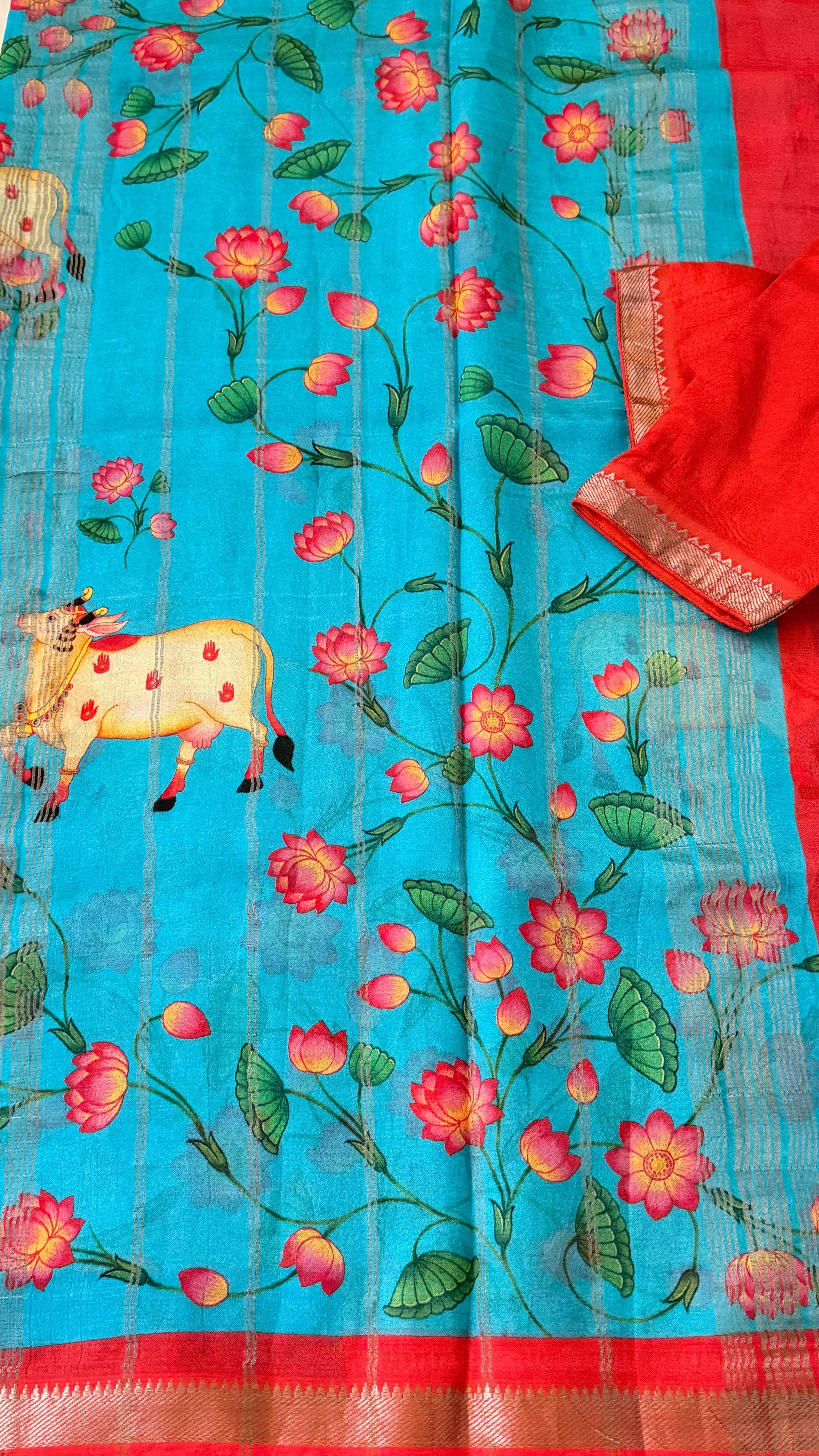 Blue & Orange Kalamkari Mangalagiri Saree