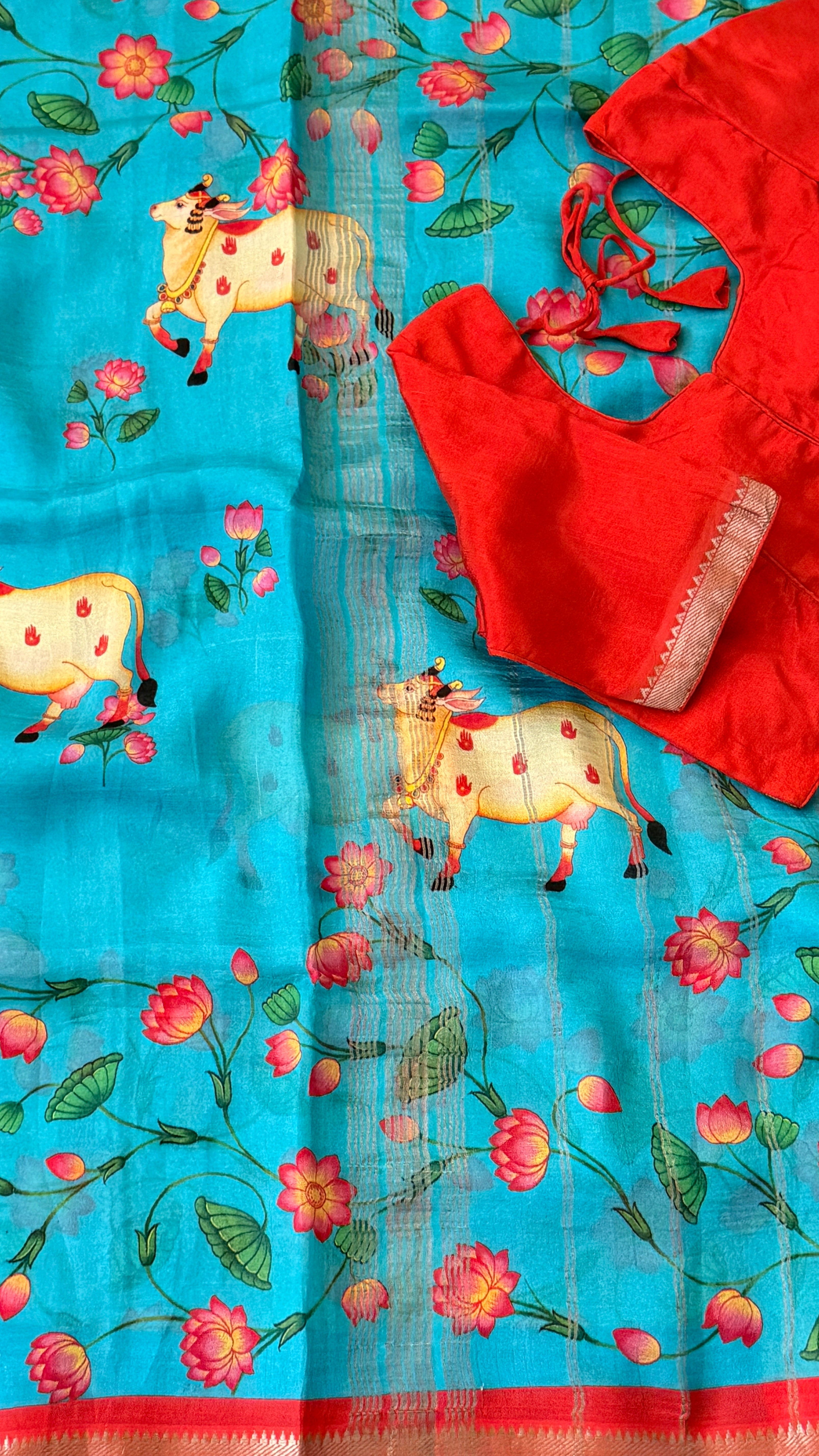 Blue & Orange Kalamkari Mangalagiri Saree
