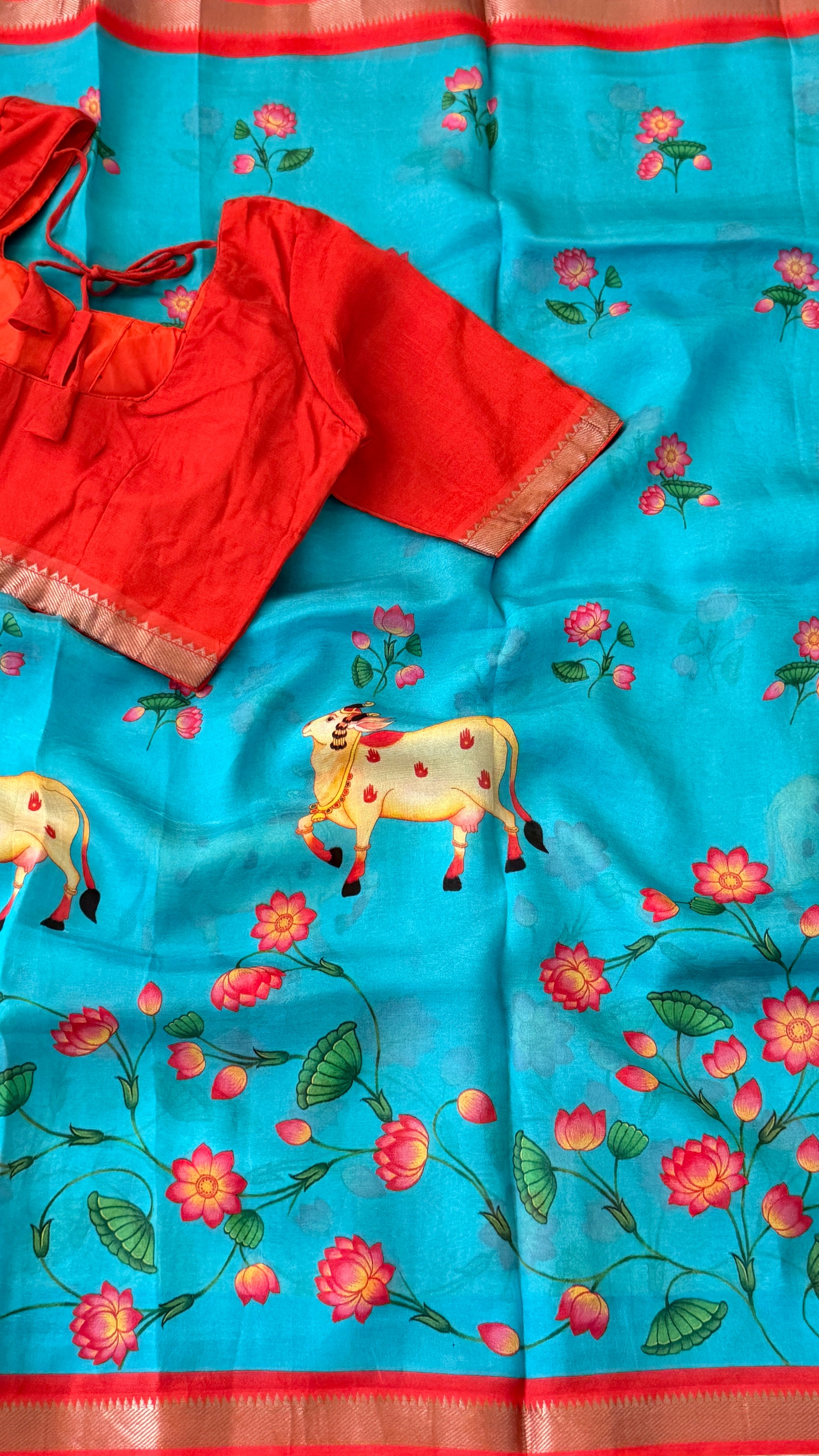 Blue & Orange Kalamkari Mangalagiri Saree