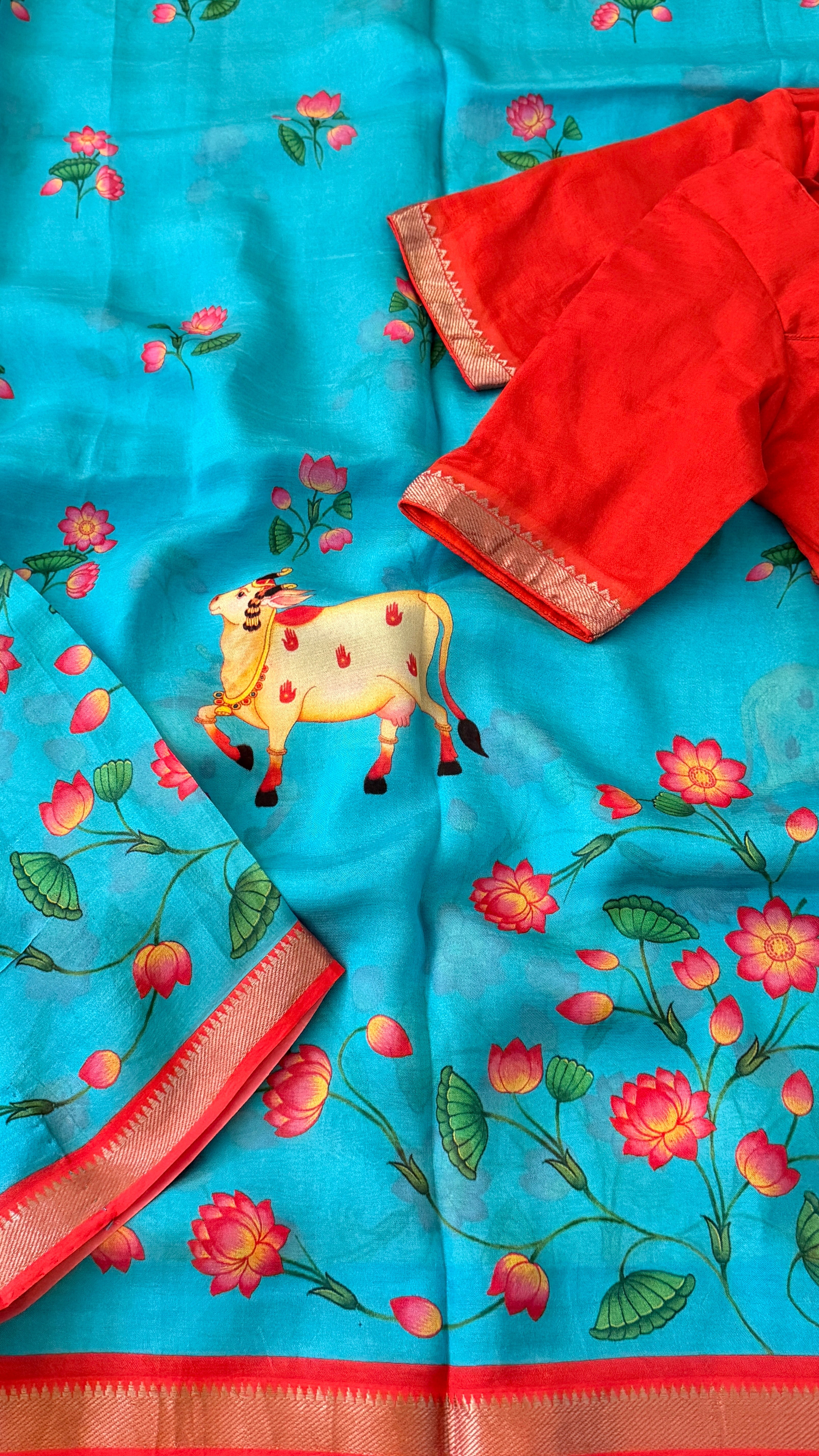 Blue & Orange Kalamkari Mangalagiri Saree