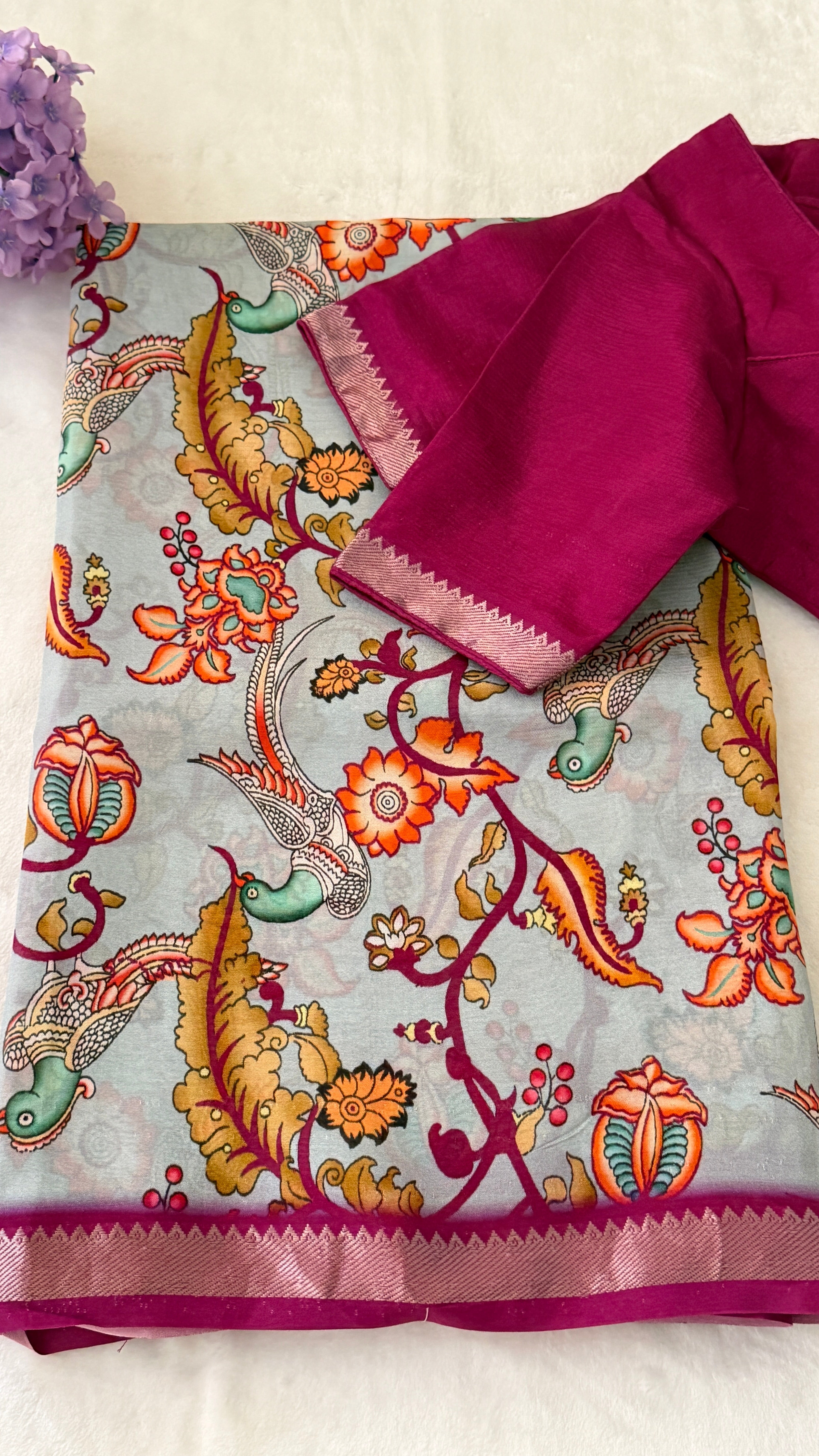 Grey & Magenta Kalamkari Mangalagiri Saree