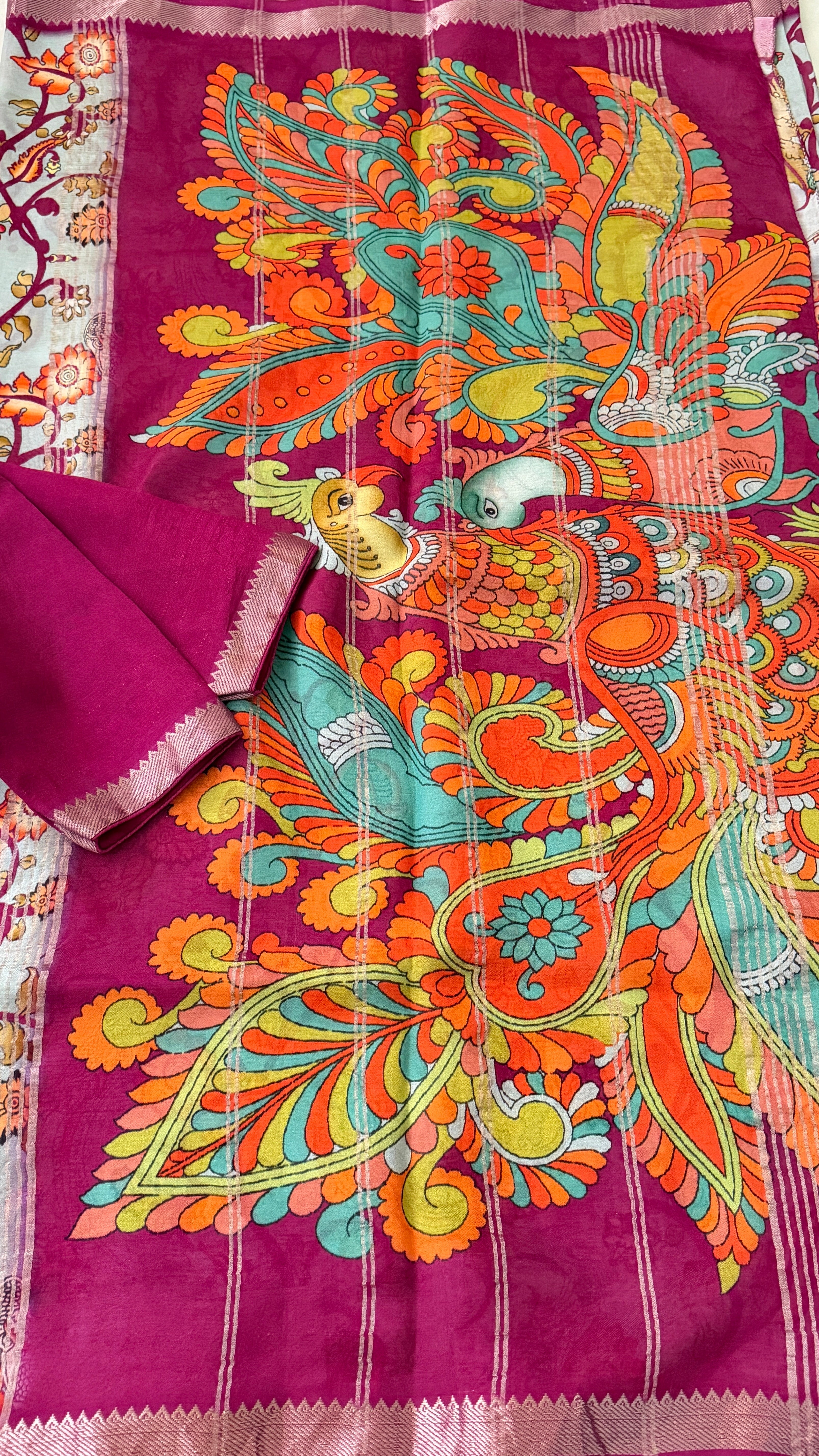 Grey & Magenta Kalamkari Mangalagiri Saree