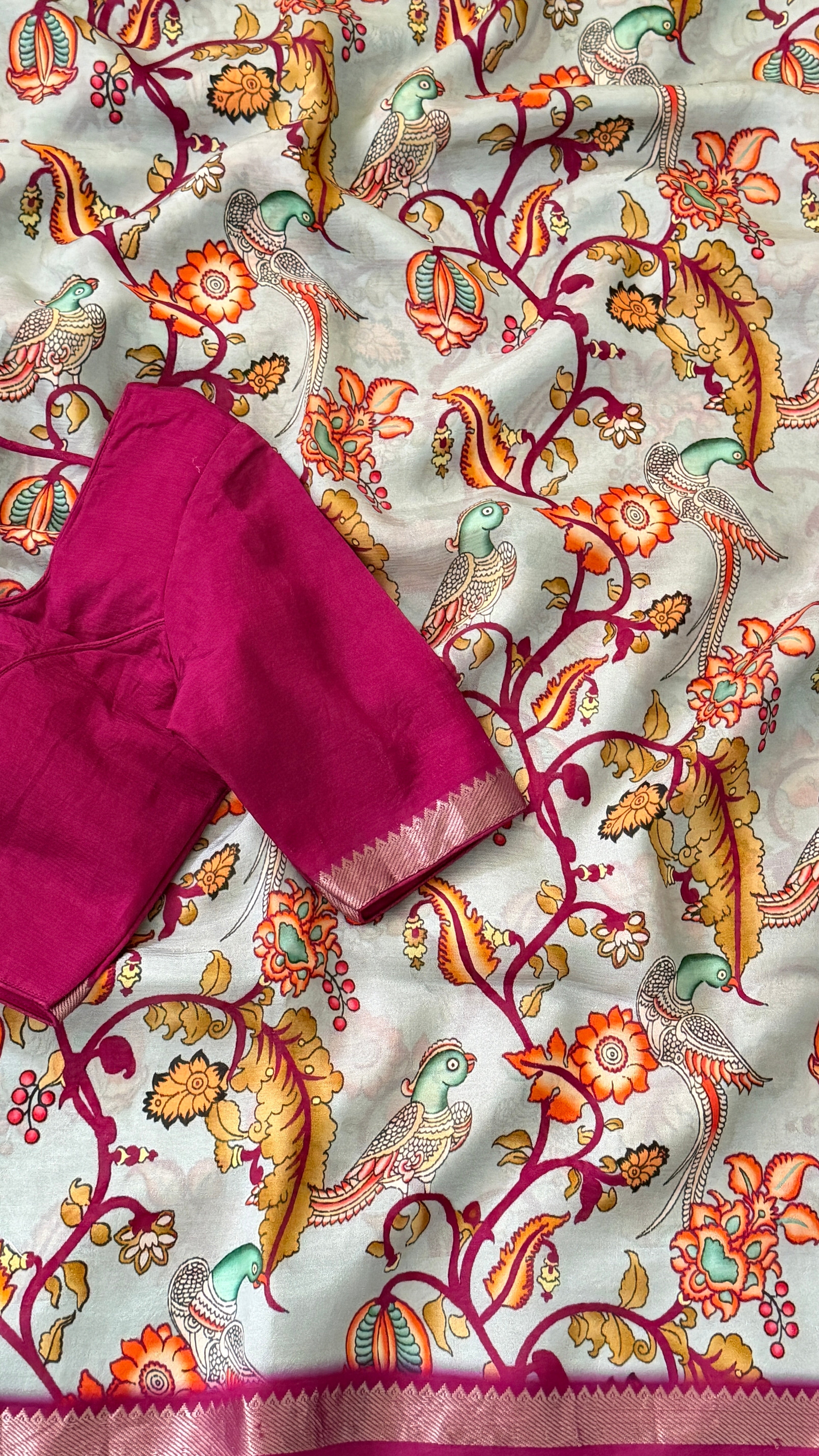 Grey & Magenta Kalamkari Mangalagiri Saree