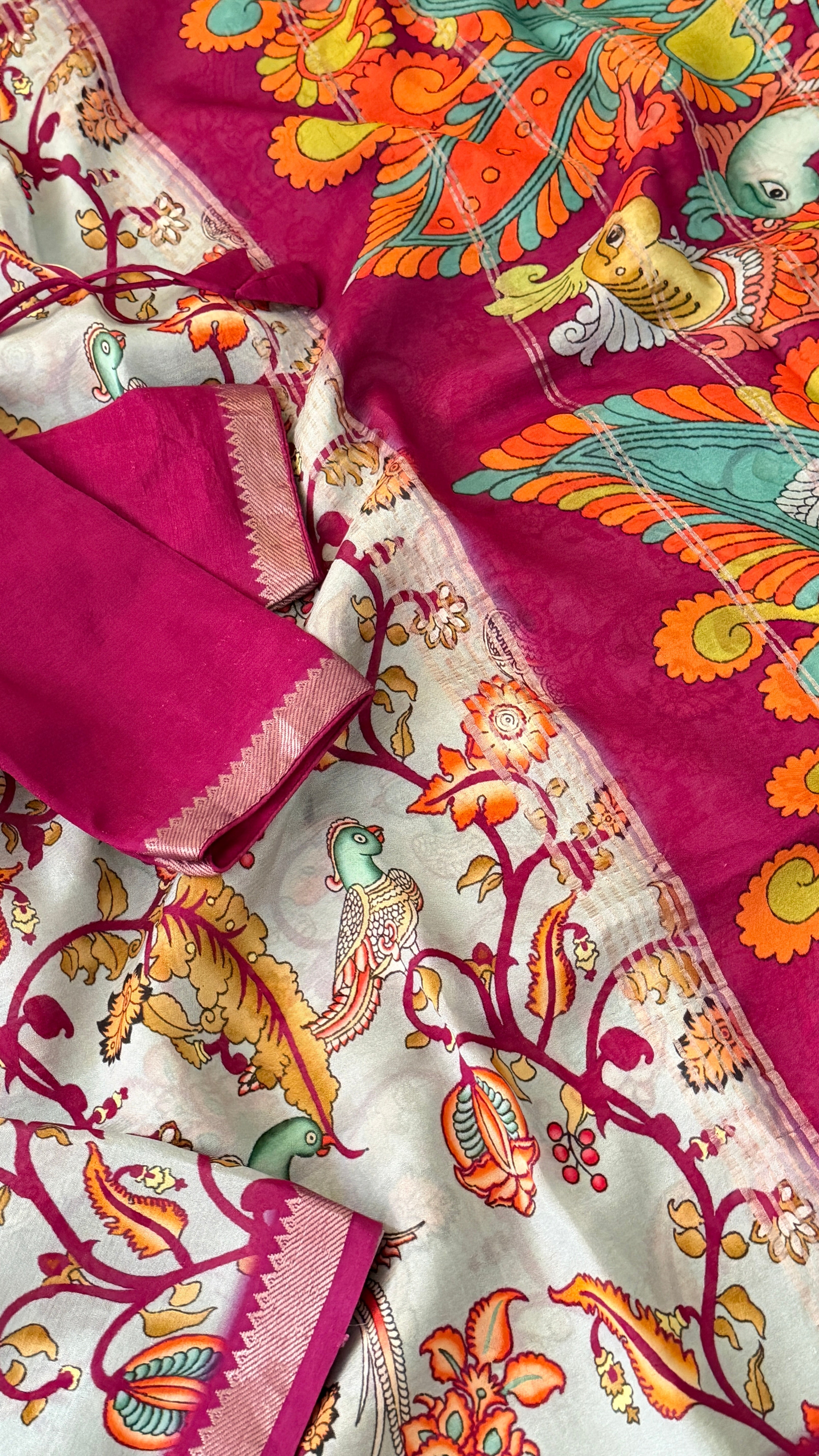 Grey & Magenta Kalamkari Mangalagiri Saree