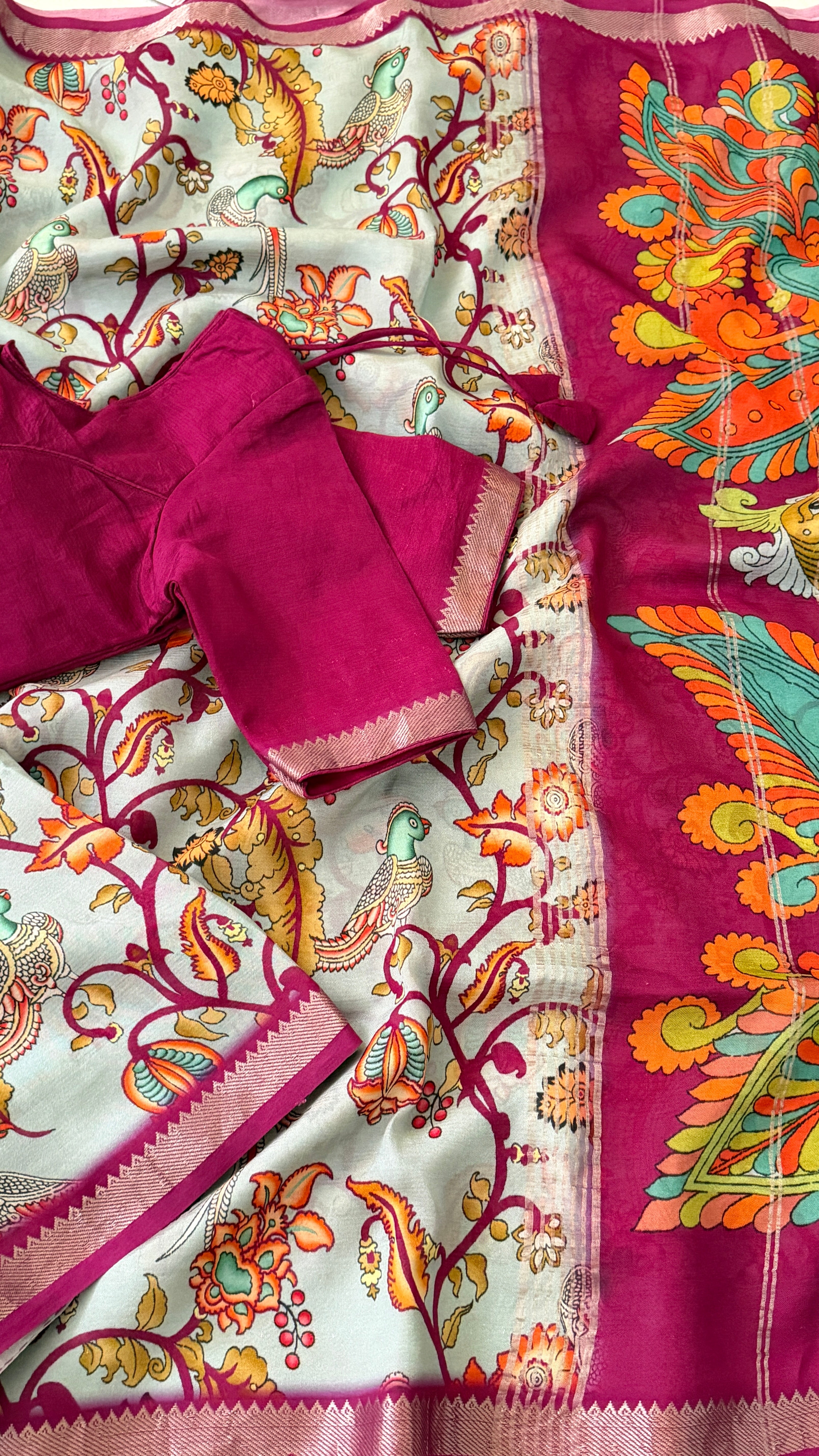 Grey & Magenta Kalamkari Mangalagiri Saree