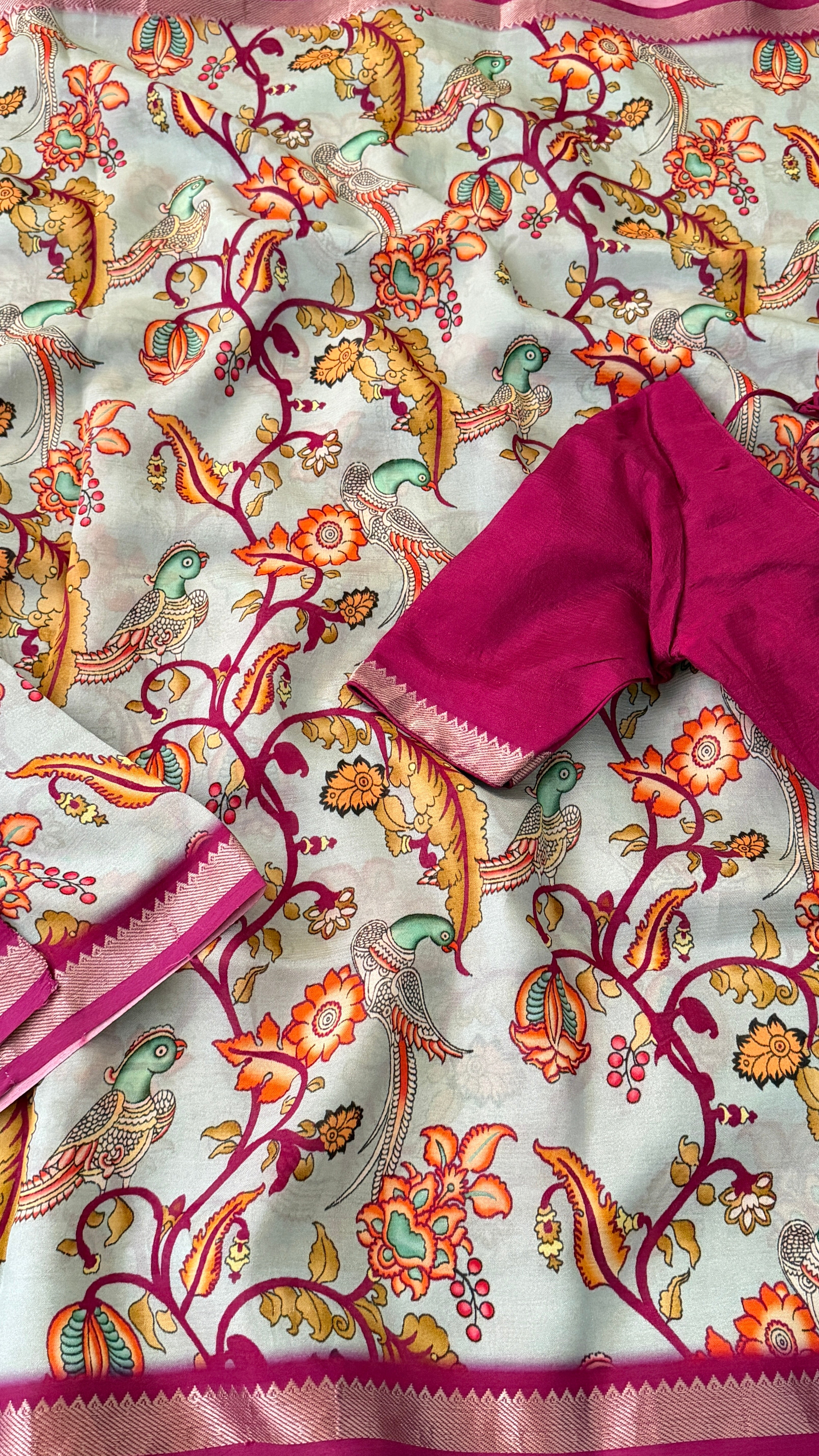 Grey & Magenta Kalamkari Mangalagiri Saree