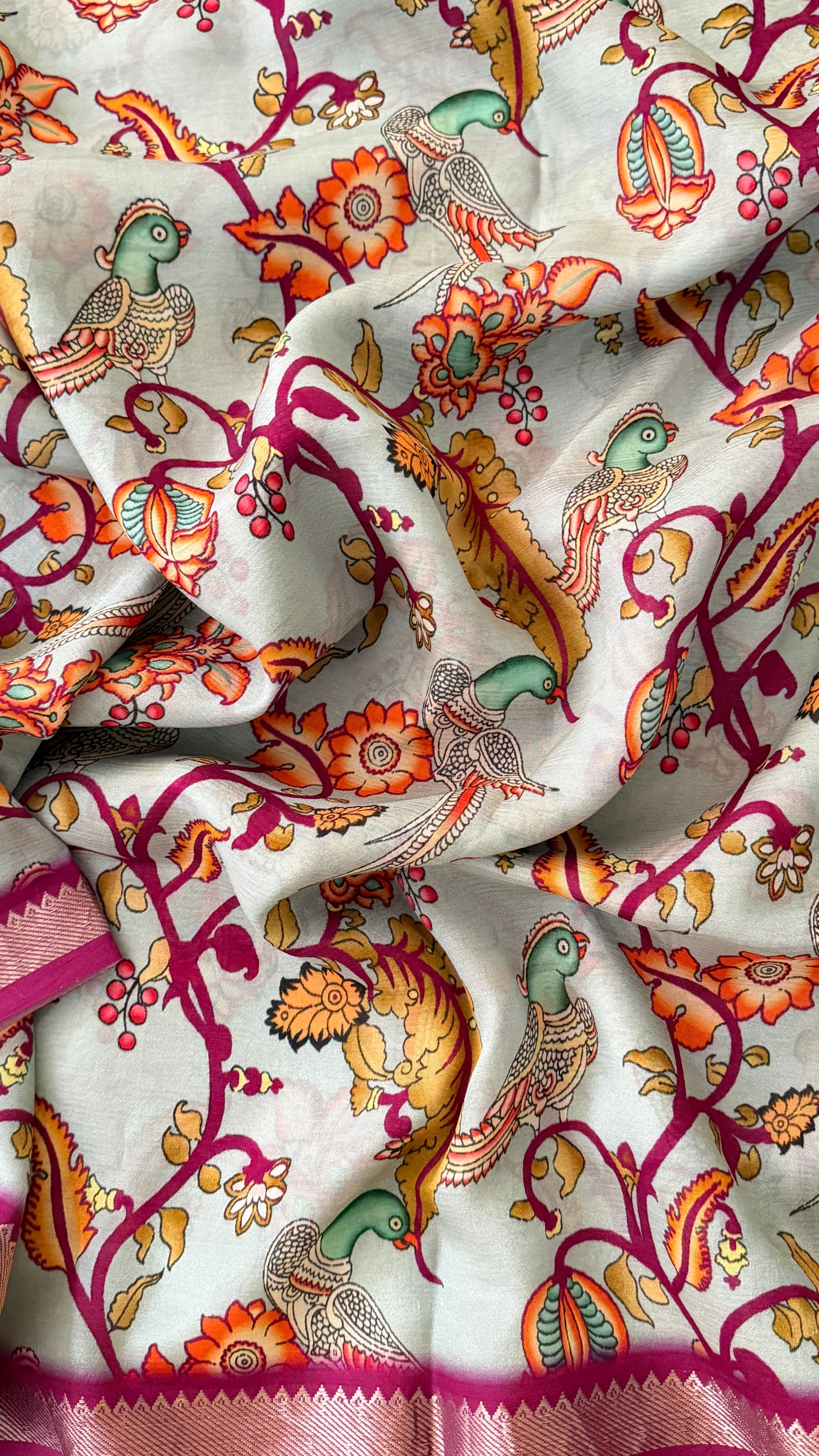Grey & Magenta Kalamkari Mangalagiri Saree