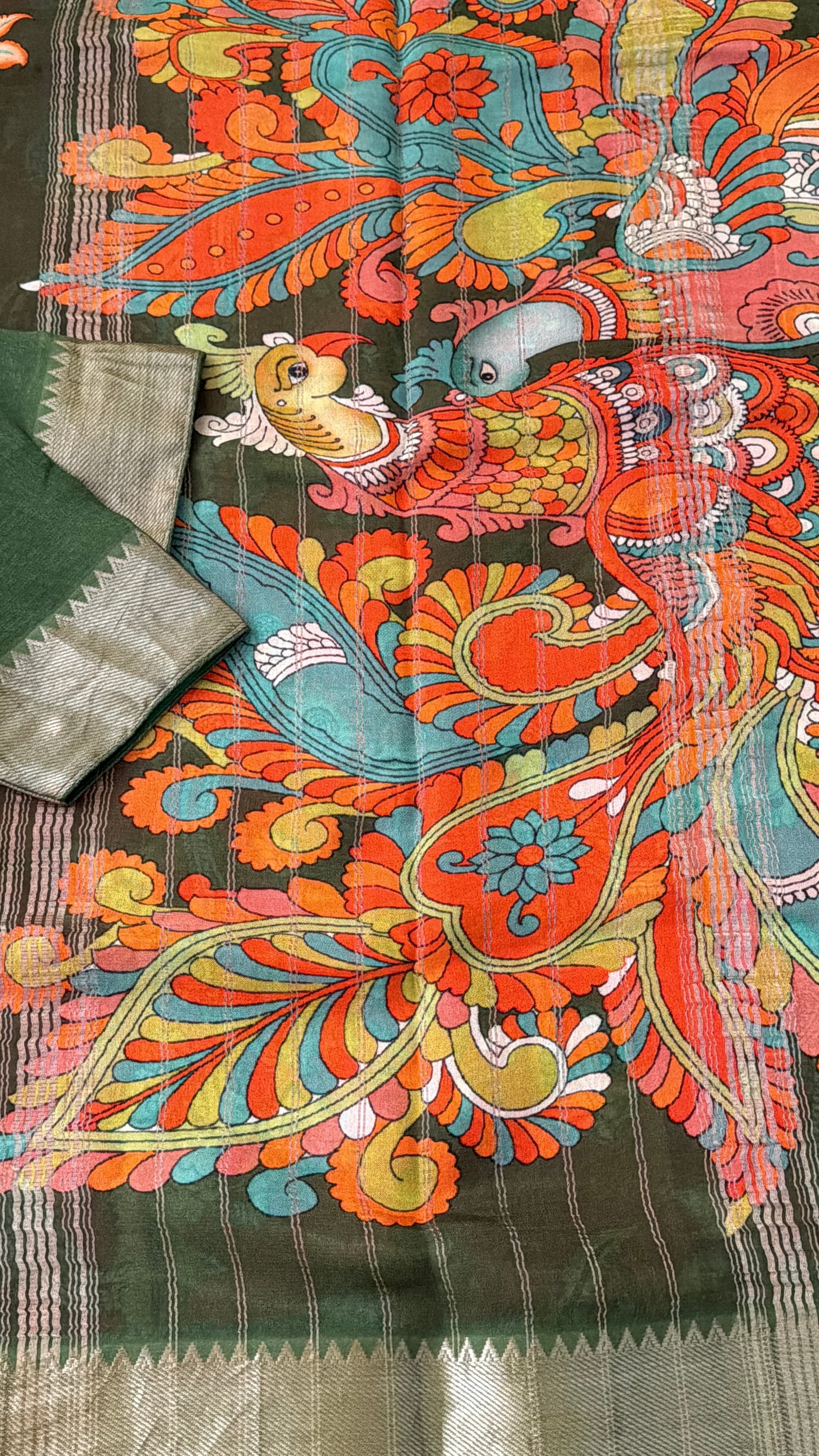Red & Green Kalamkari Mangalagiri Saree
