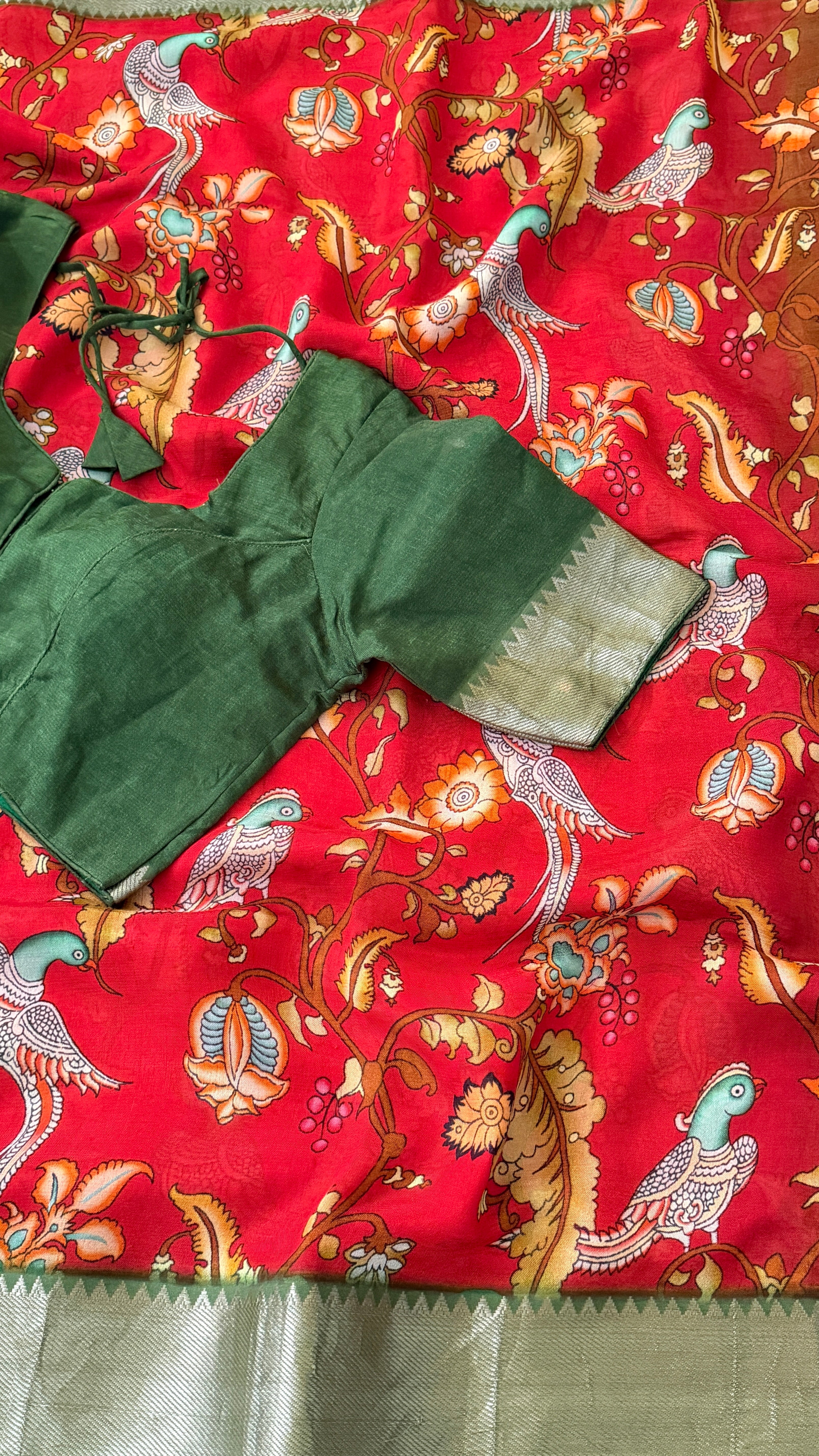 Red & Green Kalamkari Mangalagiri Saree