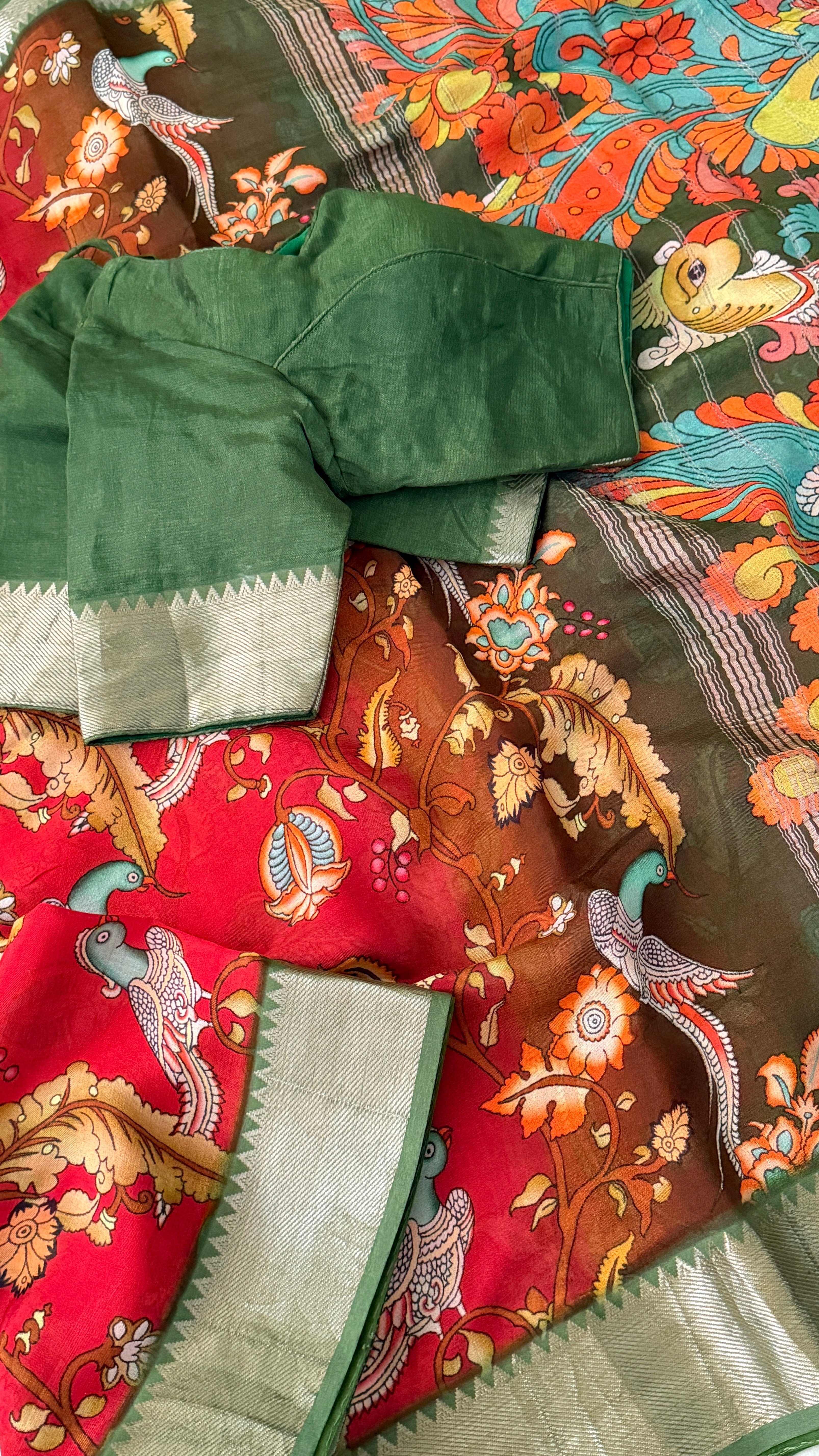 Red & Green Kalamkari Mangalagiri Saree