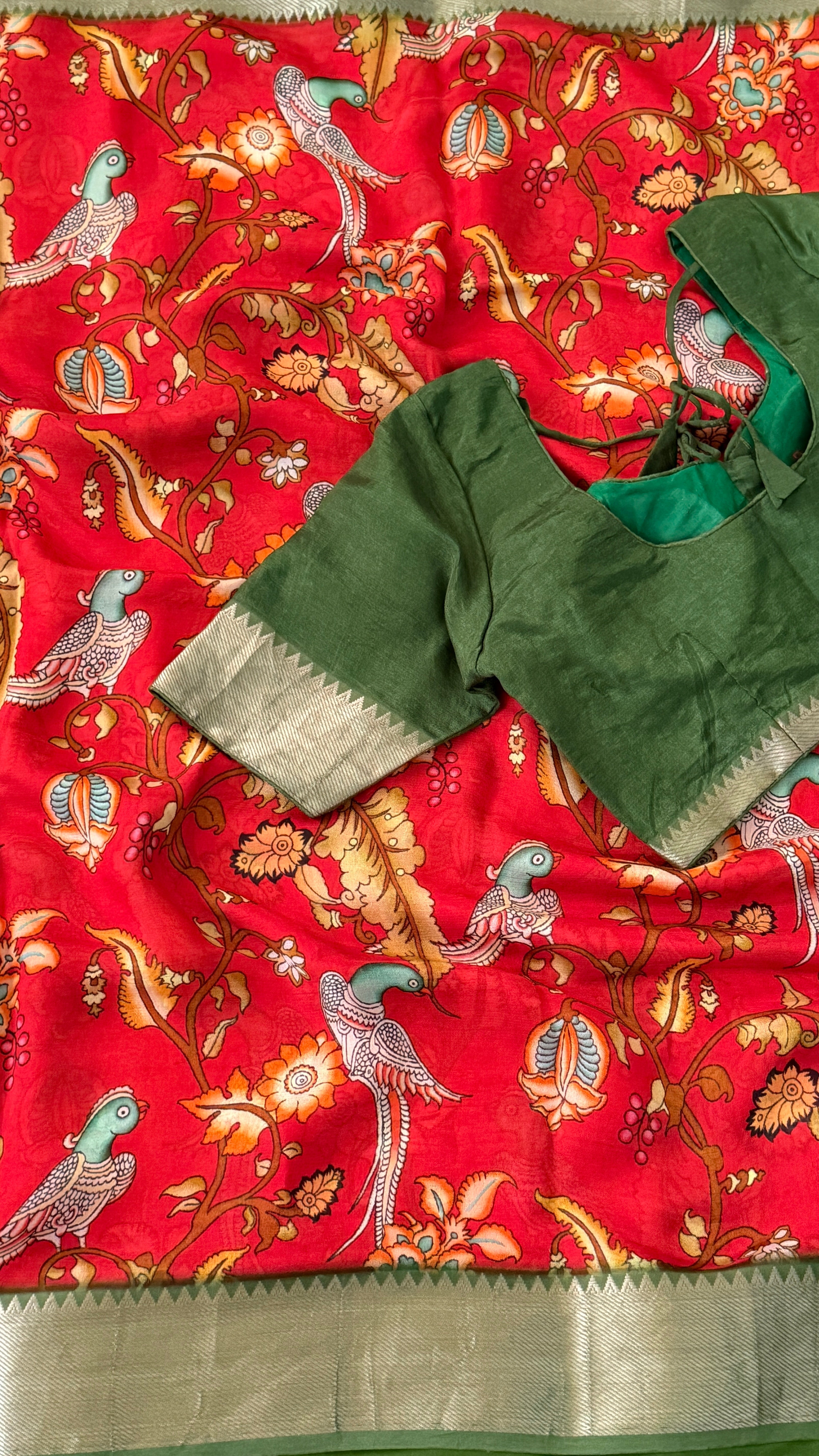 Red & Green Kalamkari Mangalagiri Saree