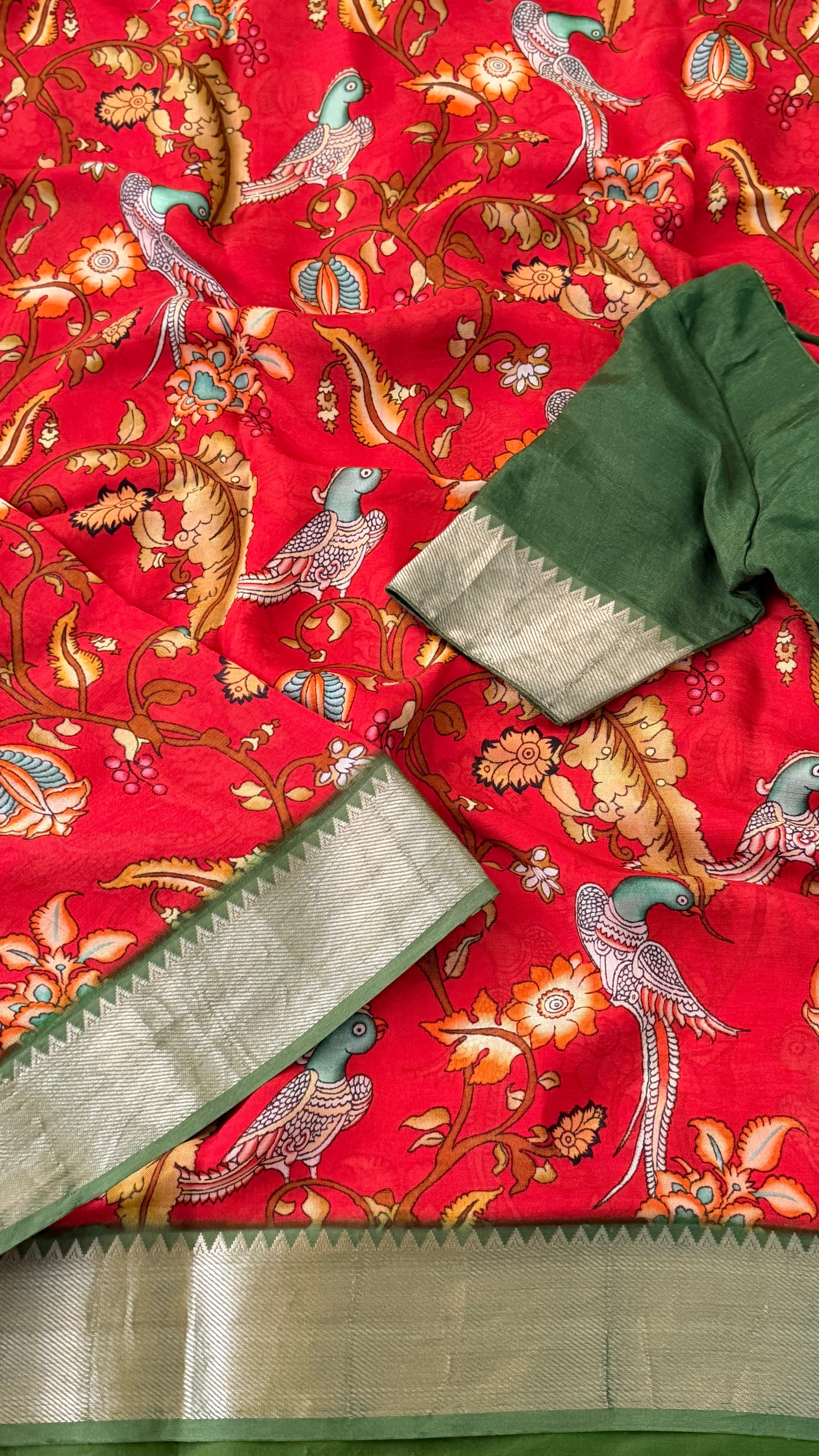 Red & Green Kalamkari Mangalagiri Saree