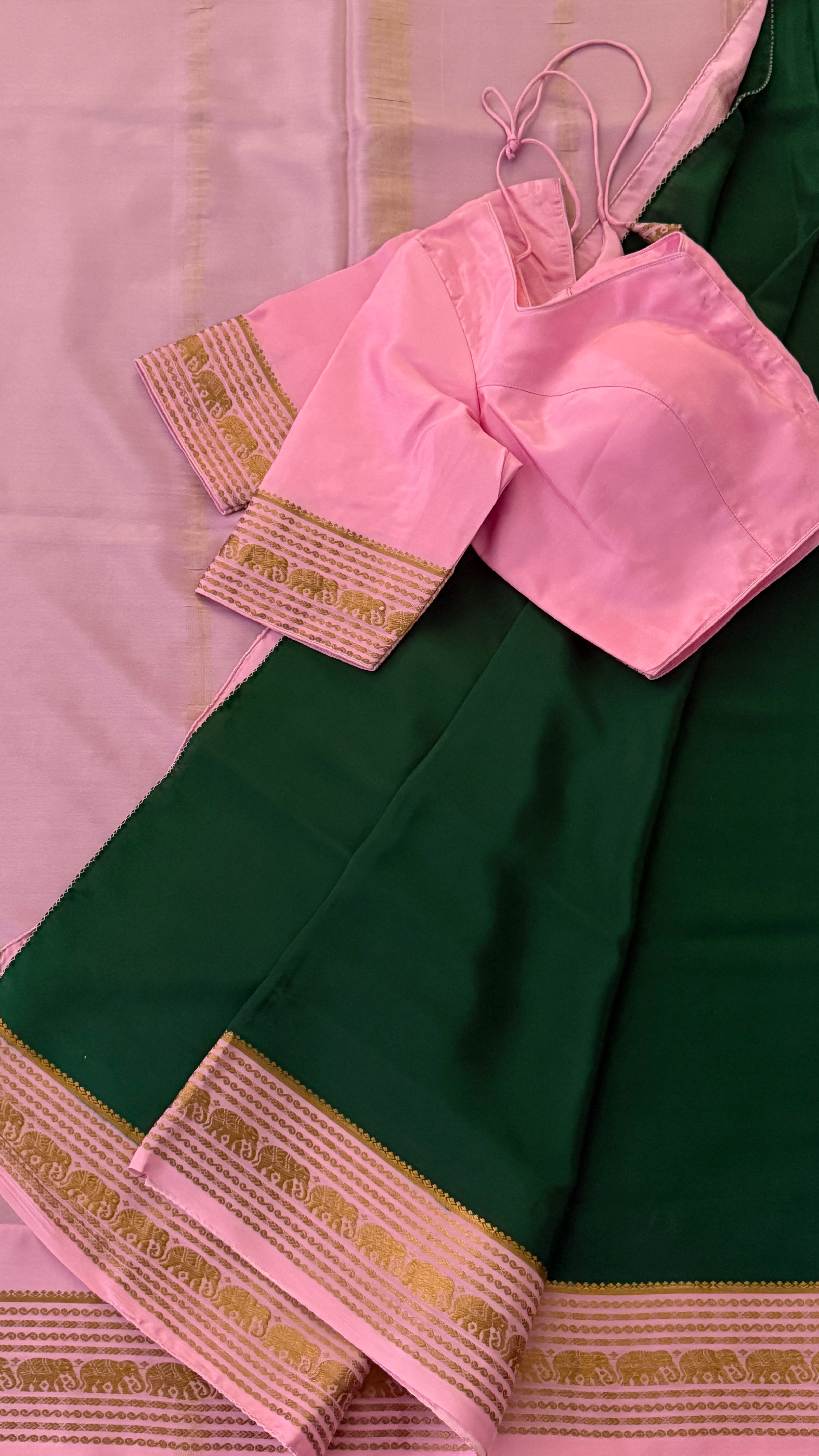 Bottle Green & Baby Pink Mysore Silk Saree