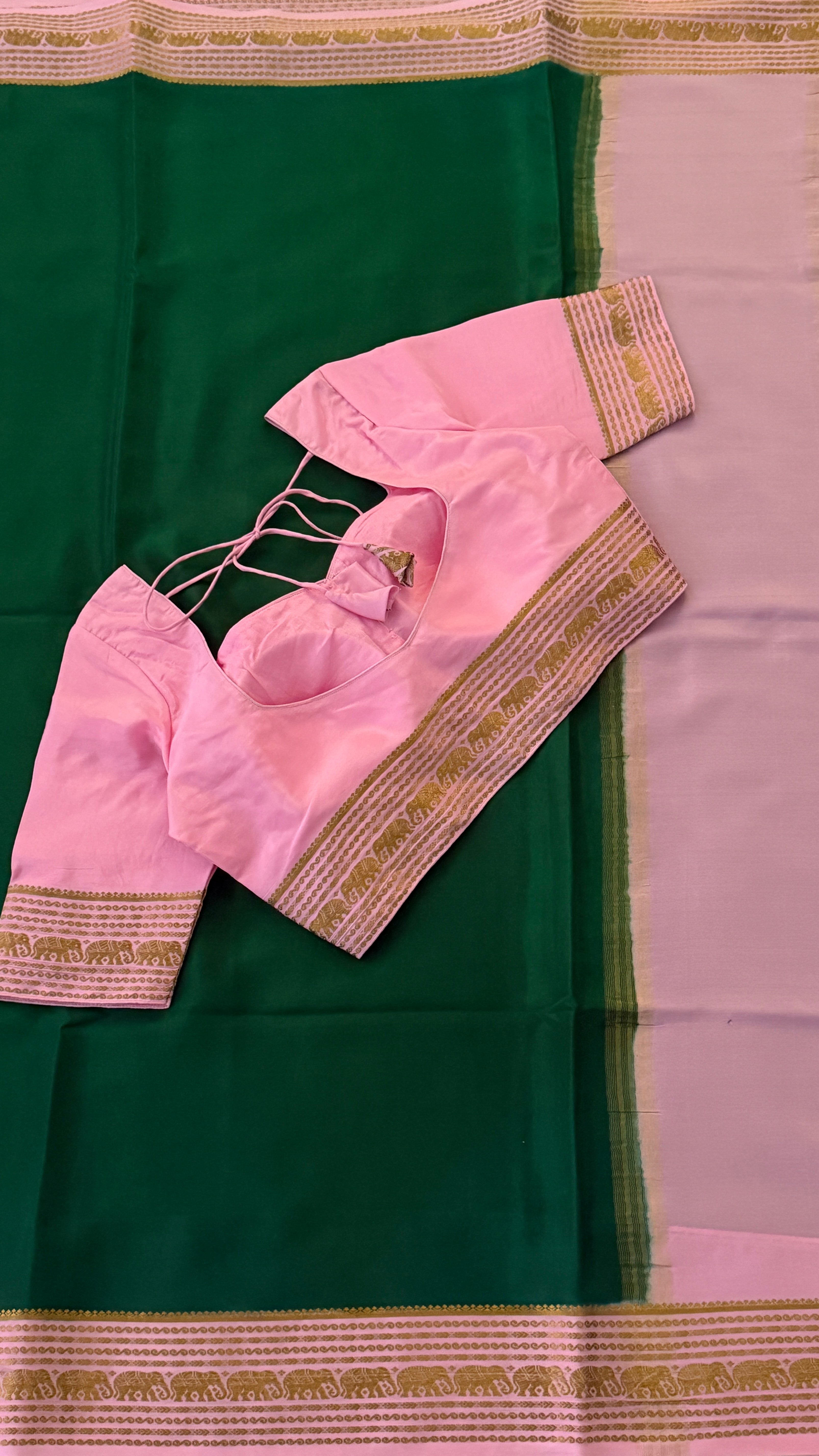 Bottle Green & Baby Pink Mysore Silk Saree