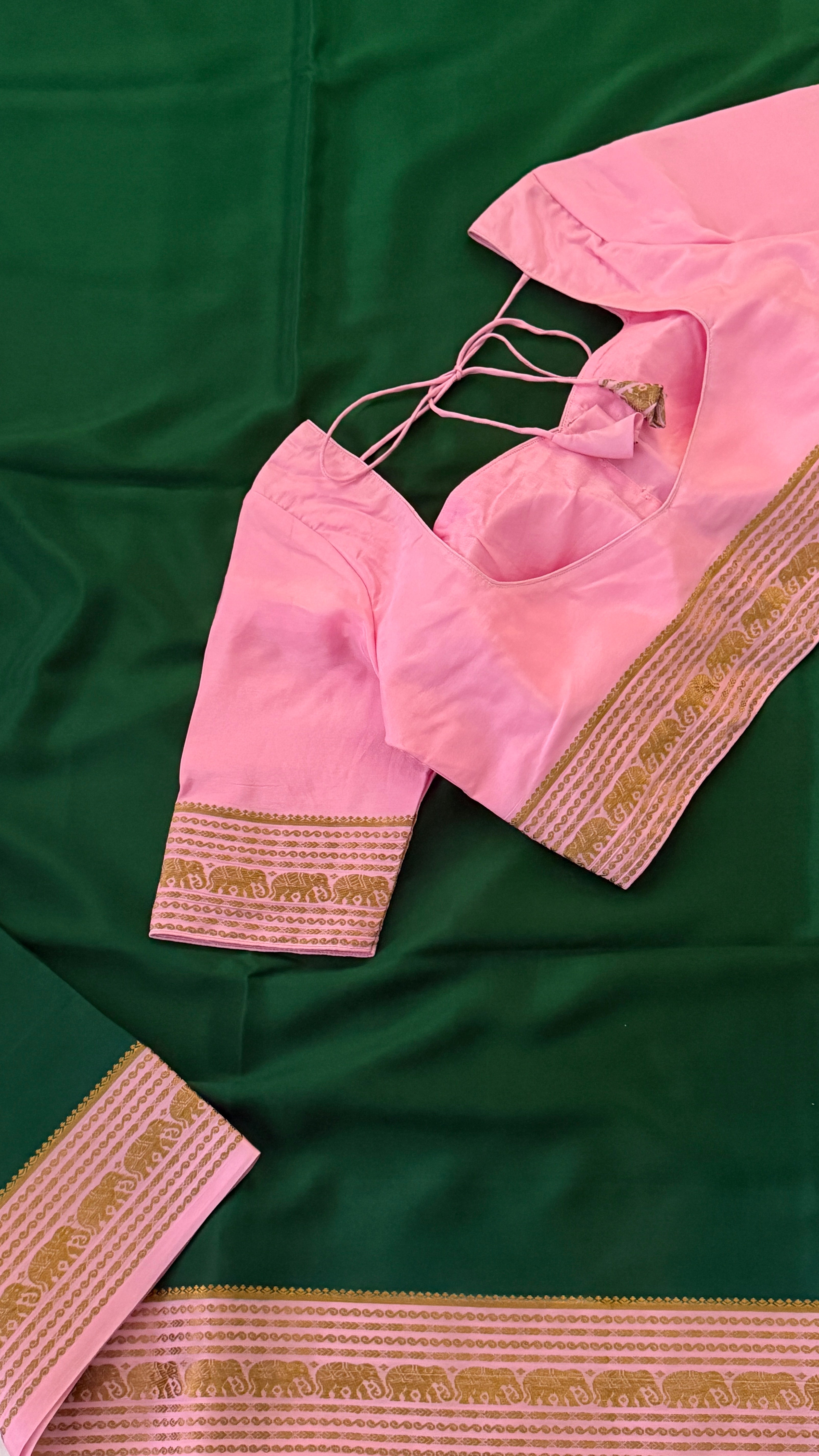 Bottle Green & Baby Pink Mysore Silk Saree