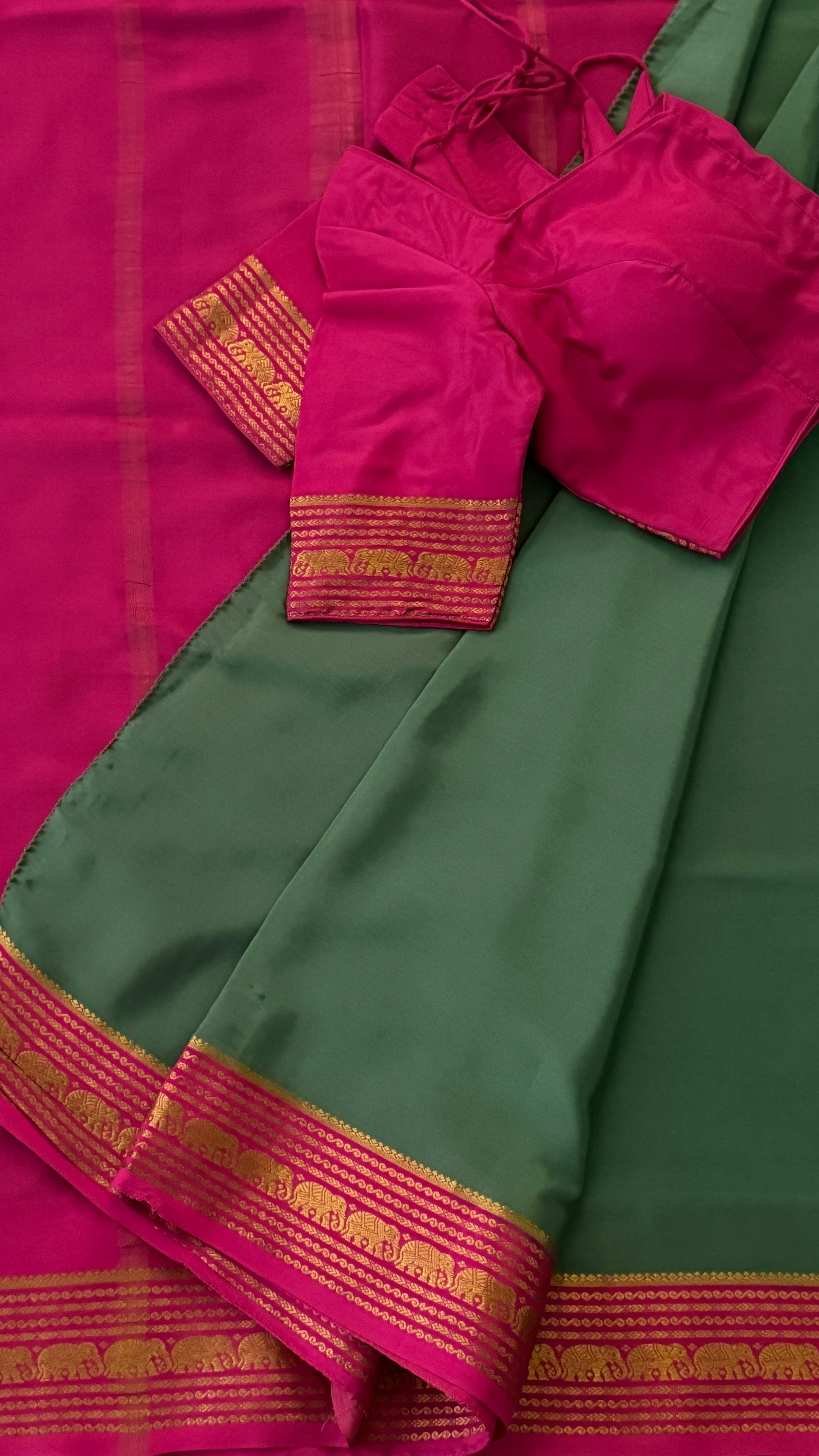 Sage Green & Pink Mysore Silk Saree