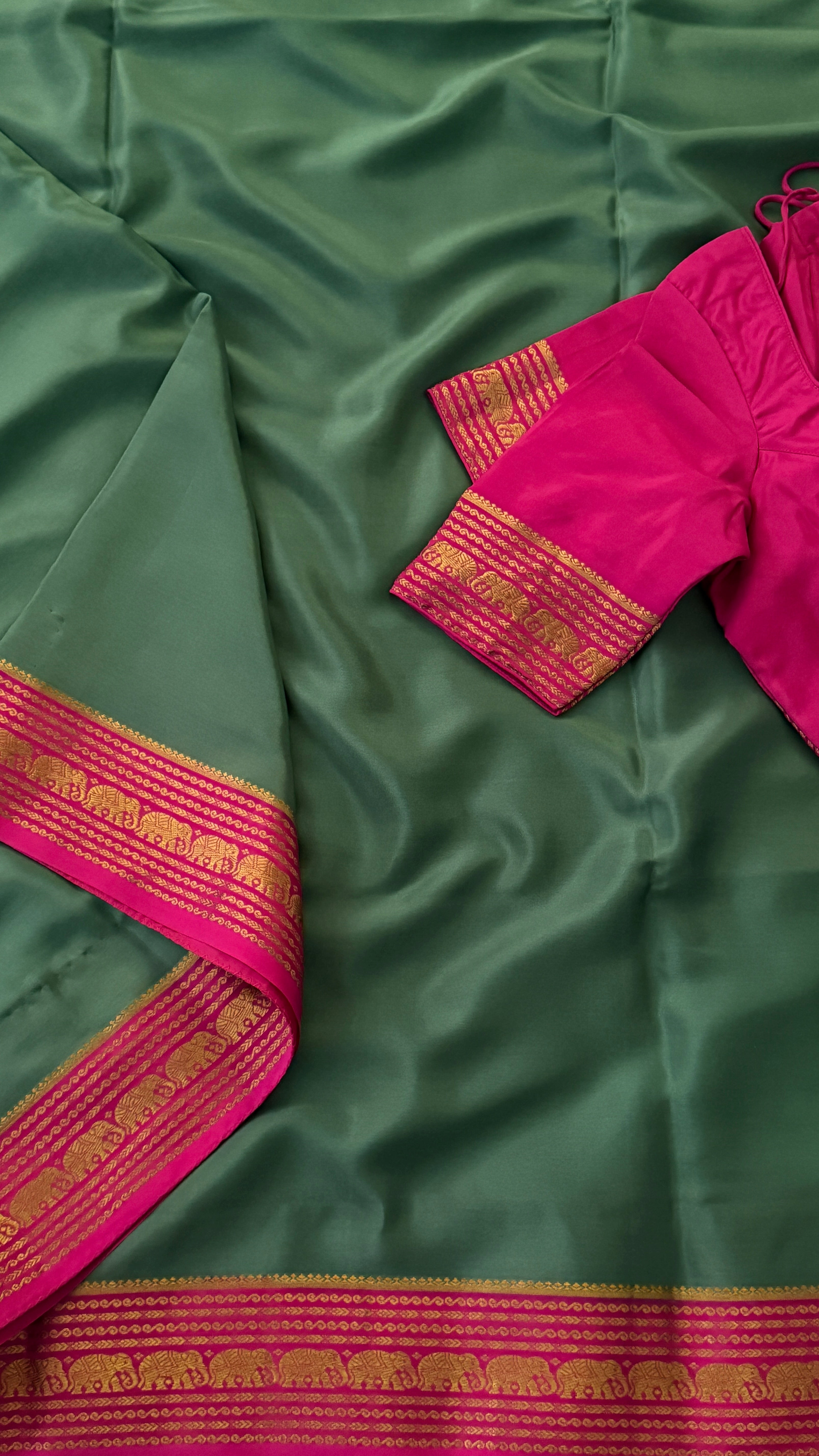 Sage Green & Pink Mysore Silk Saree