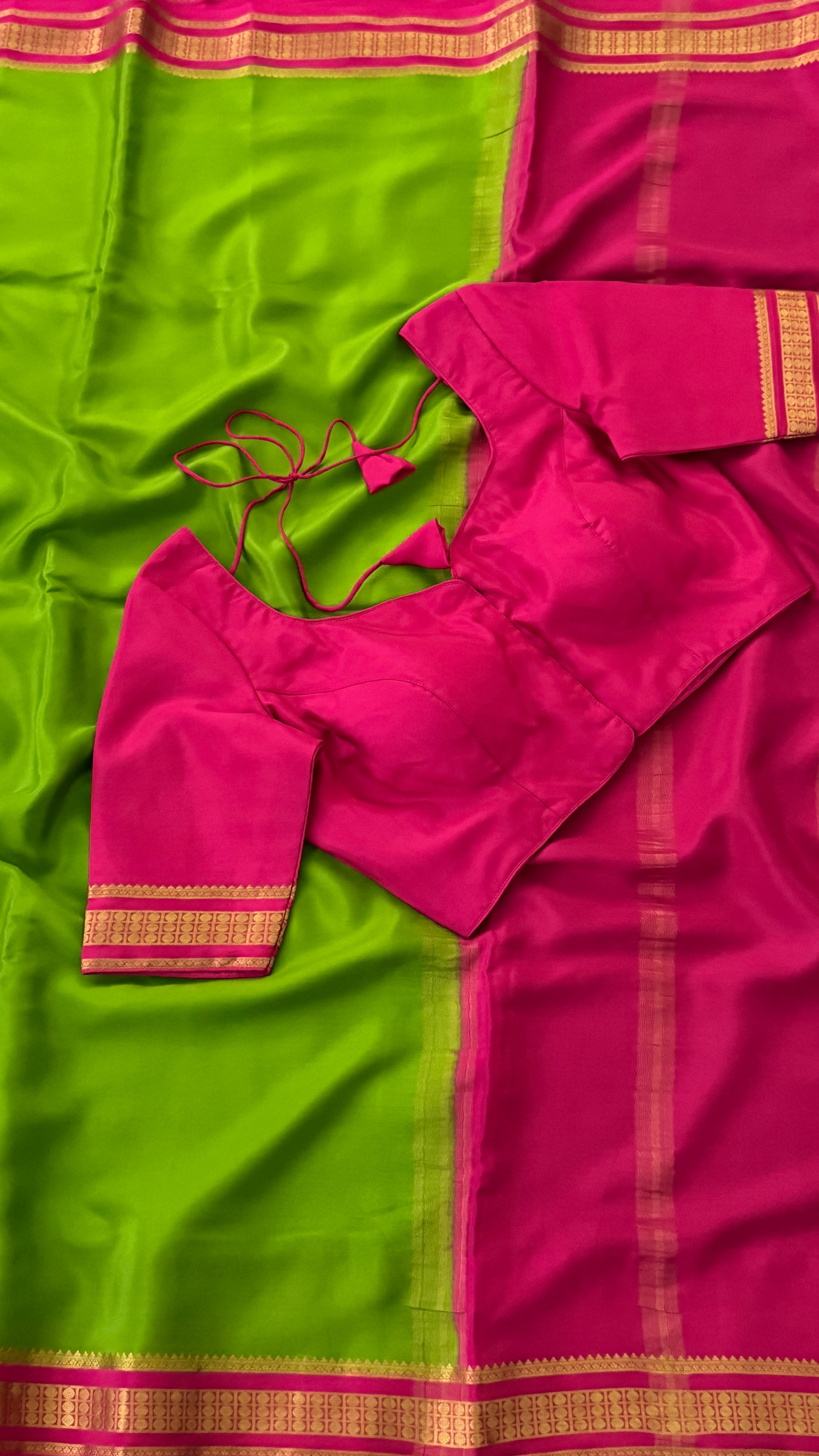 Parrot Green & Pink Mysore Silk Saree