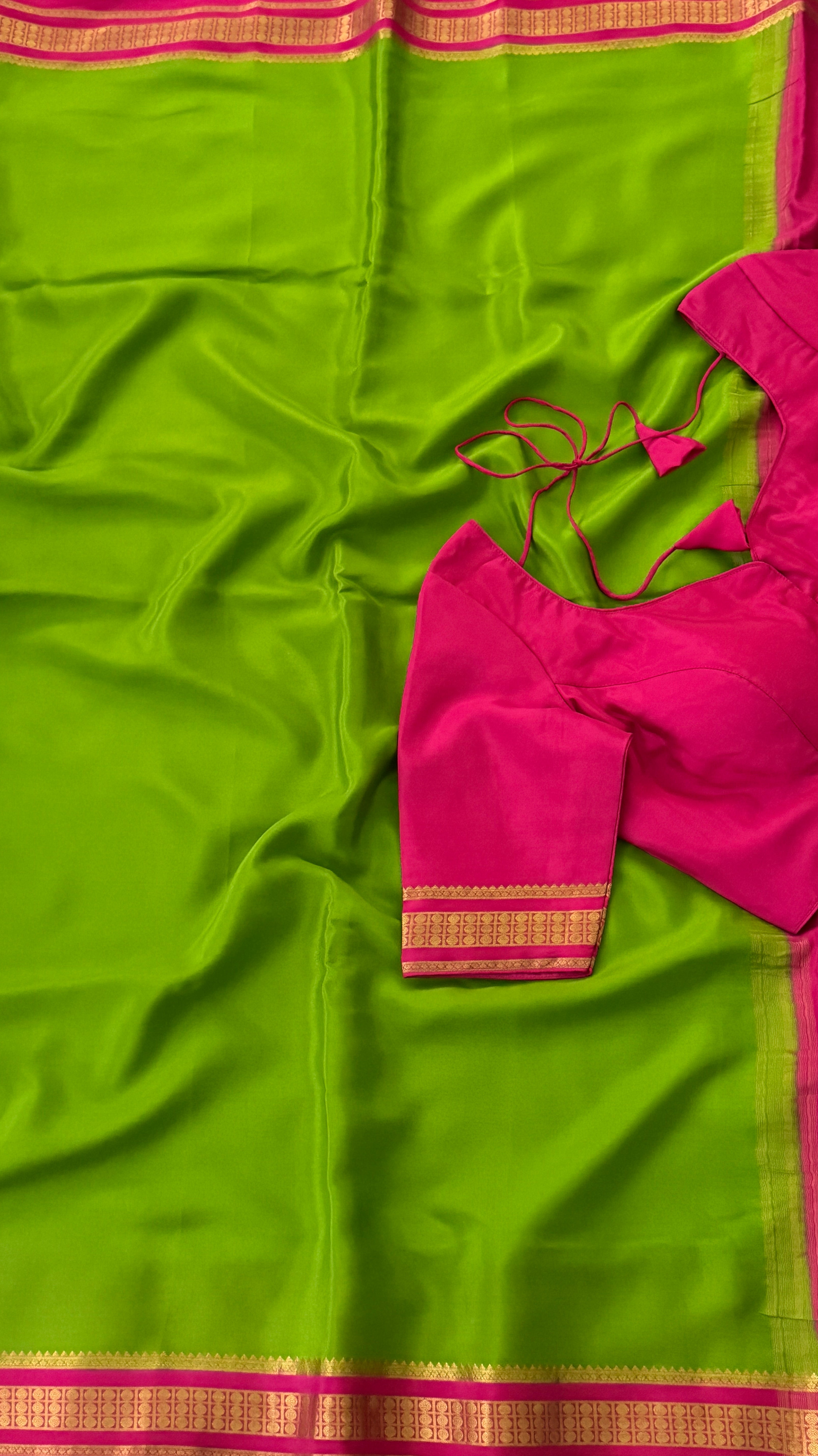 Parrot Green & Pink Mysore Silk Saree