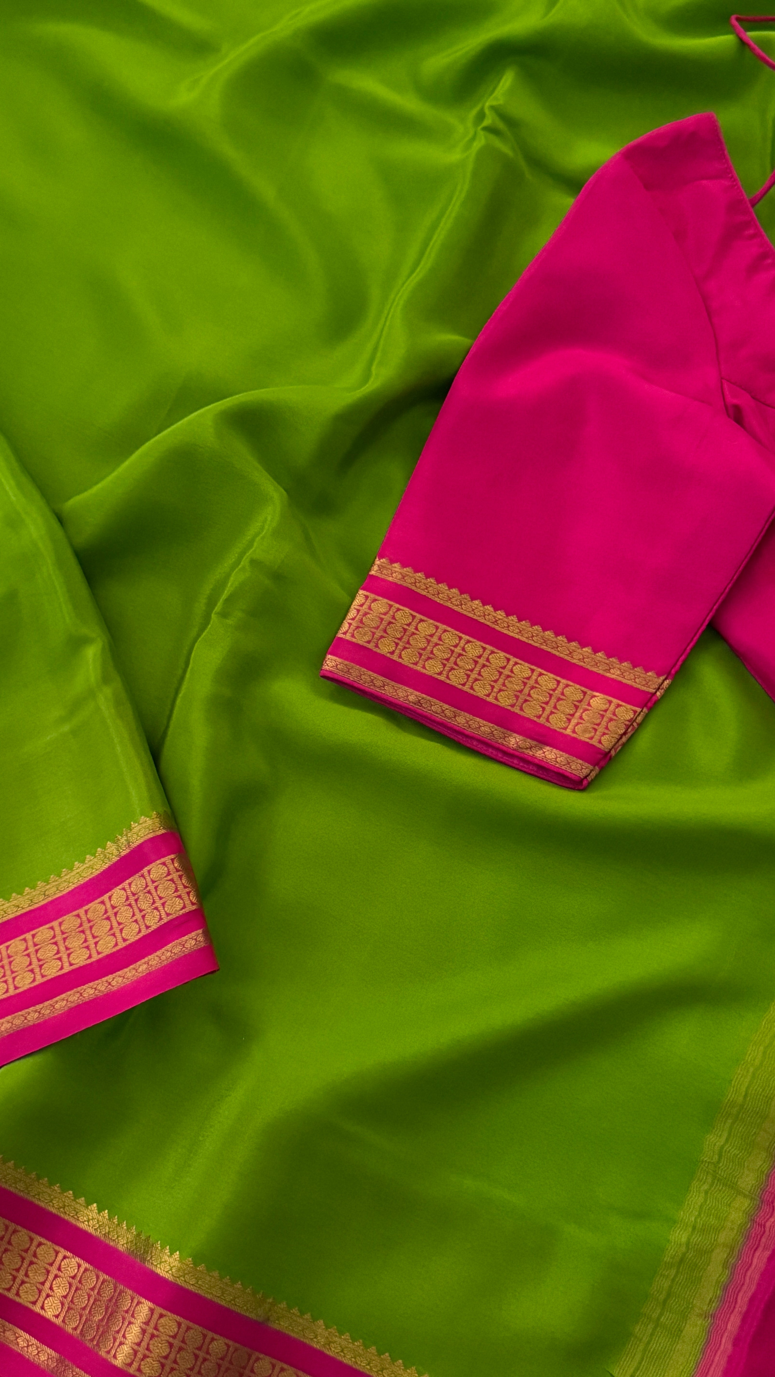 Parrot Green & Pink Mysore Silk Saree