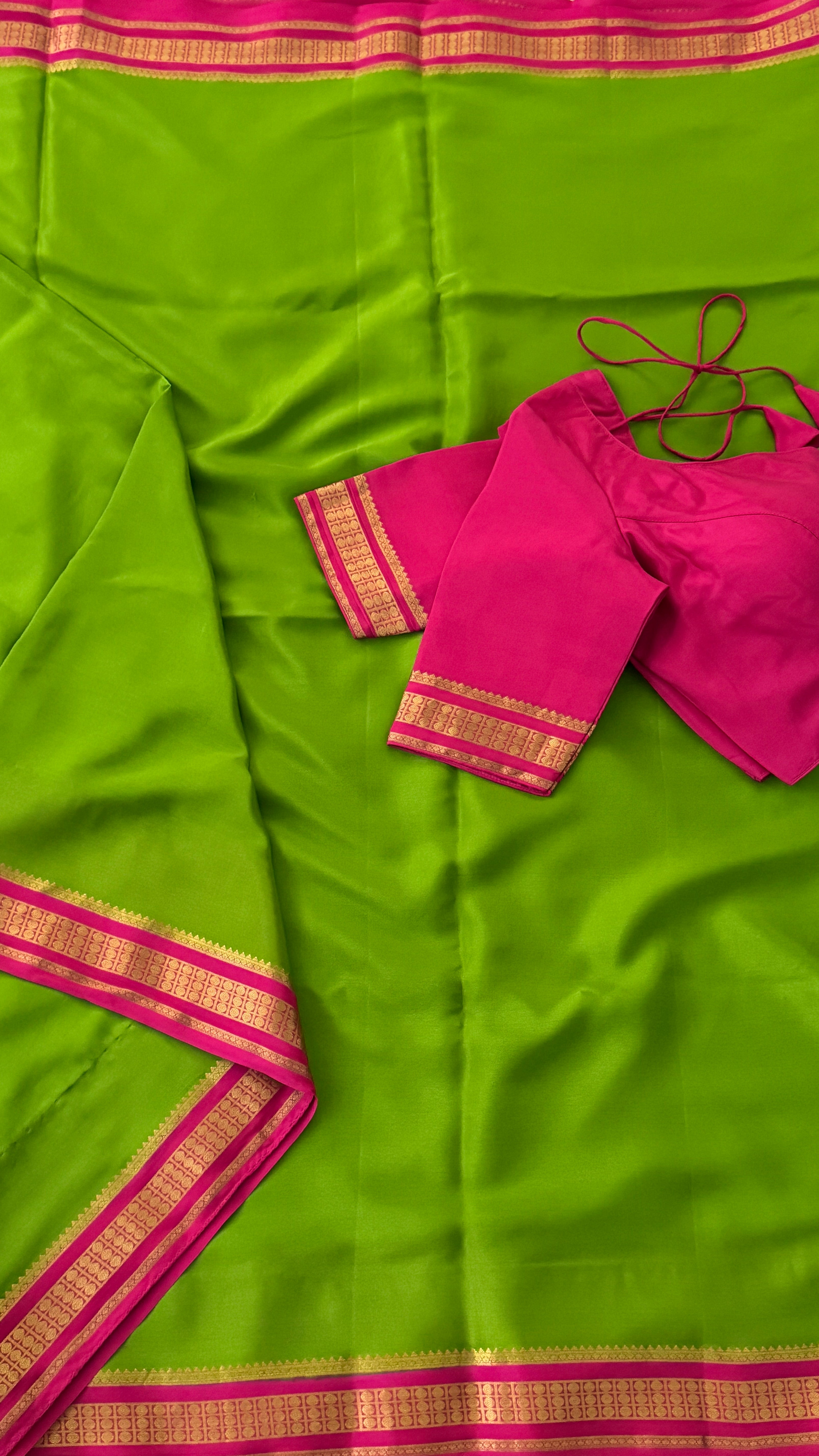 Parrot Green & Pink Mysore Silk Saree