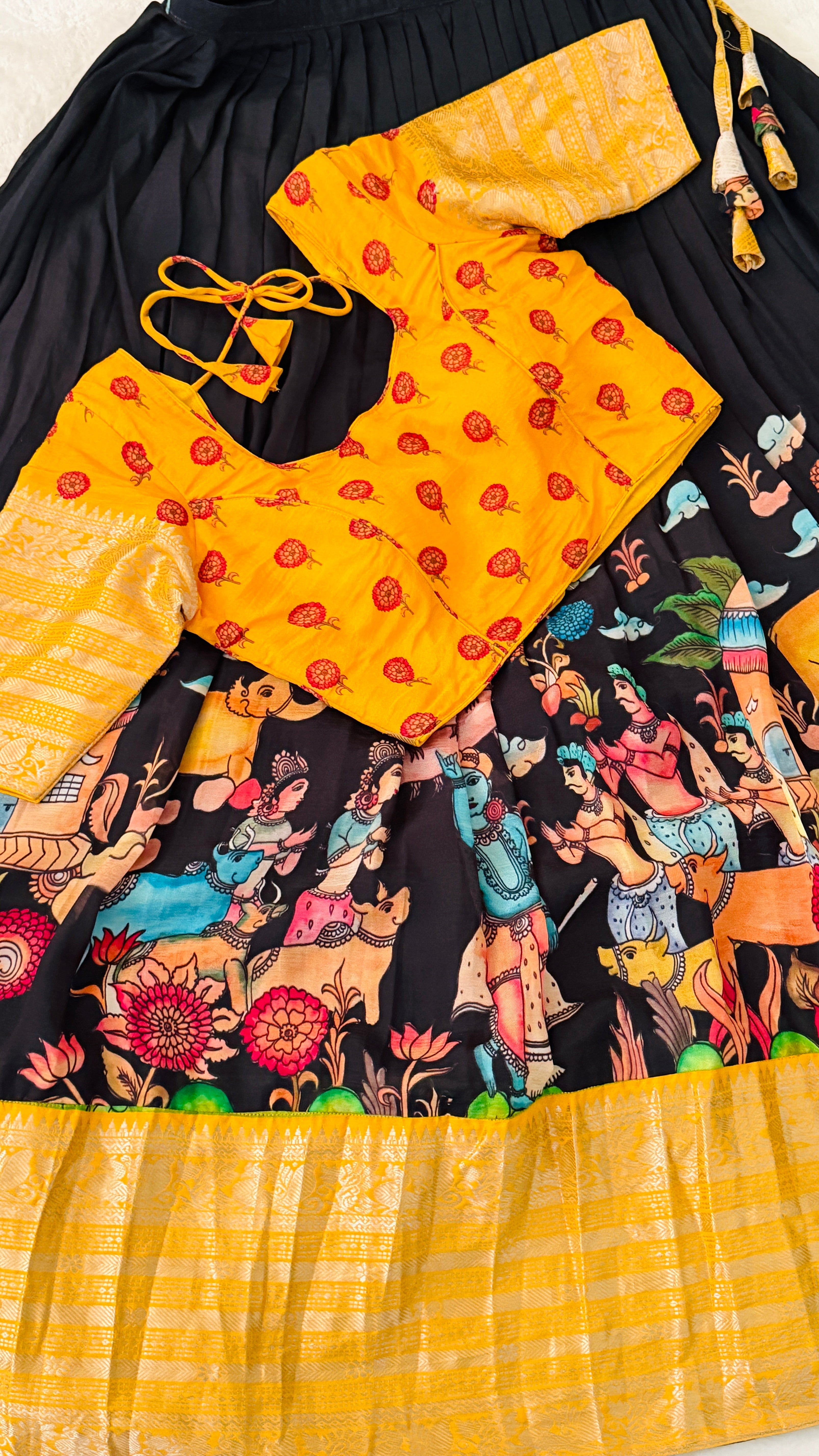 Black & Mustard Kalamkari Half Saree