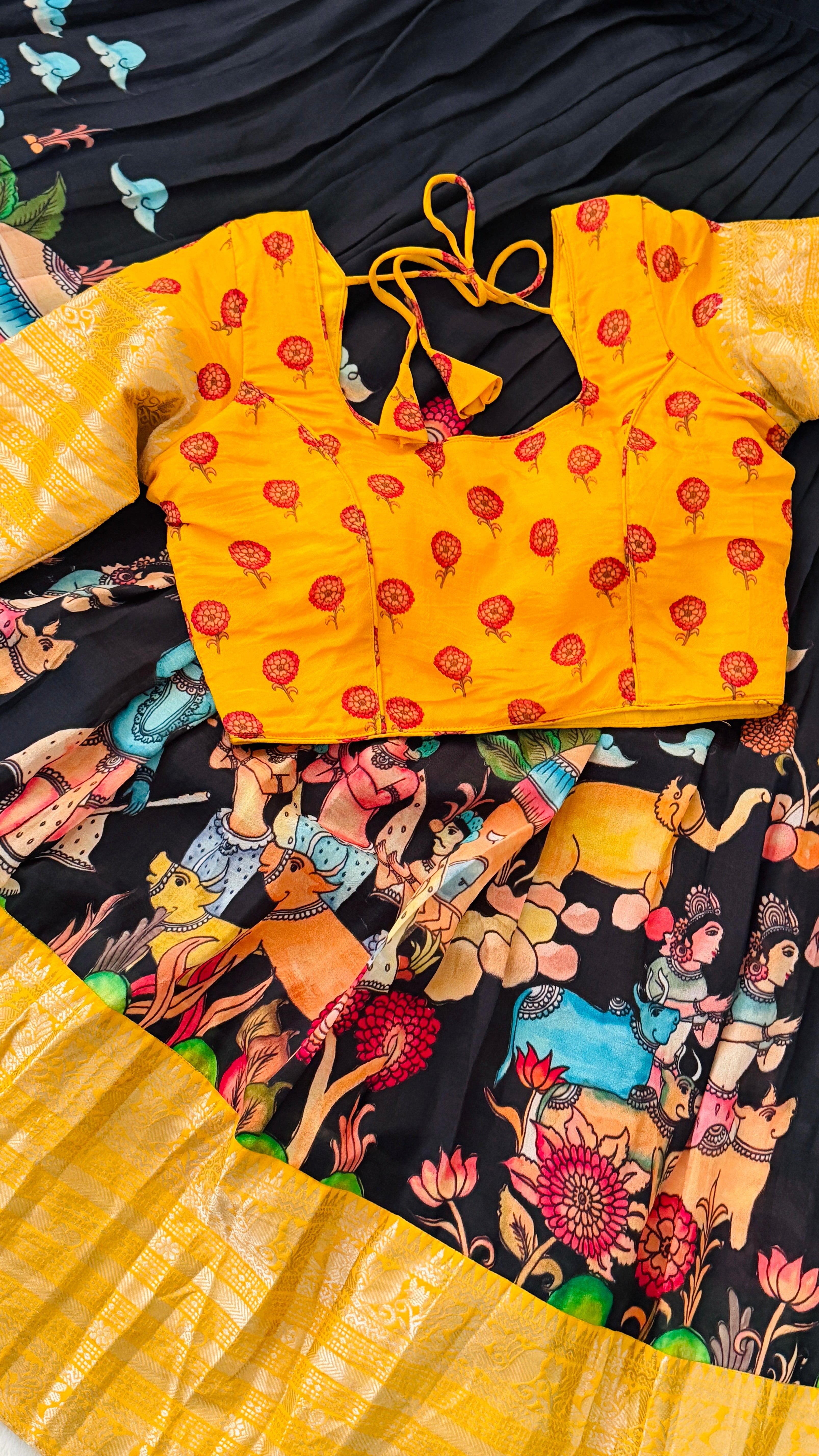 Black & Mustard Kalamkari Half Saree