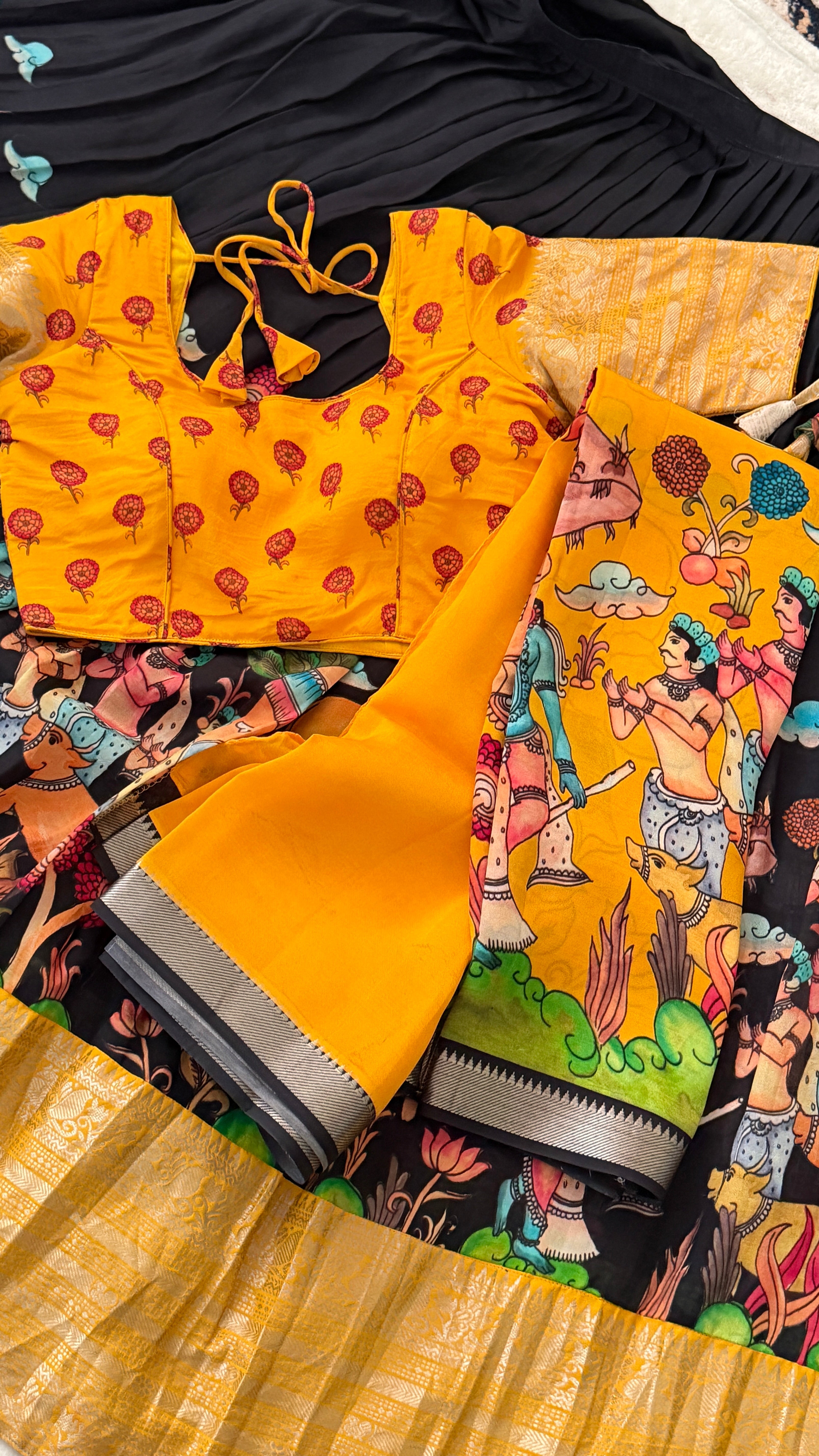 Black & Mustard Kalamkari Half Saree