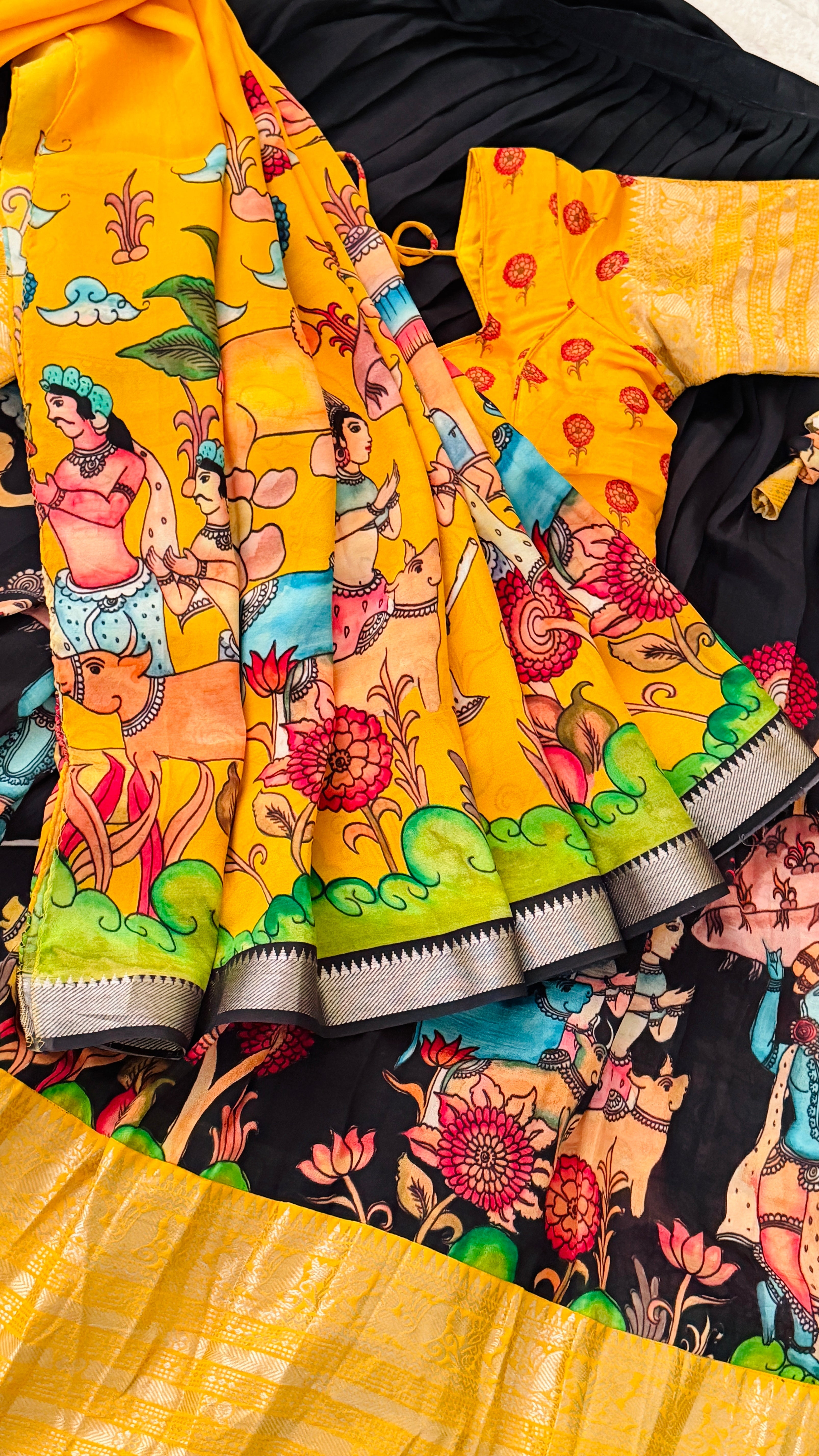 Black & Mustard Kalamkari Half Saree