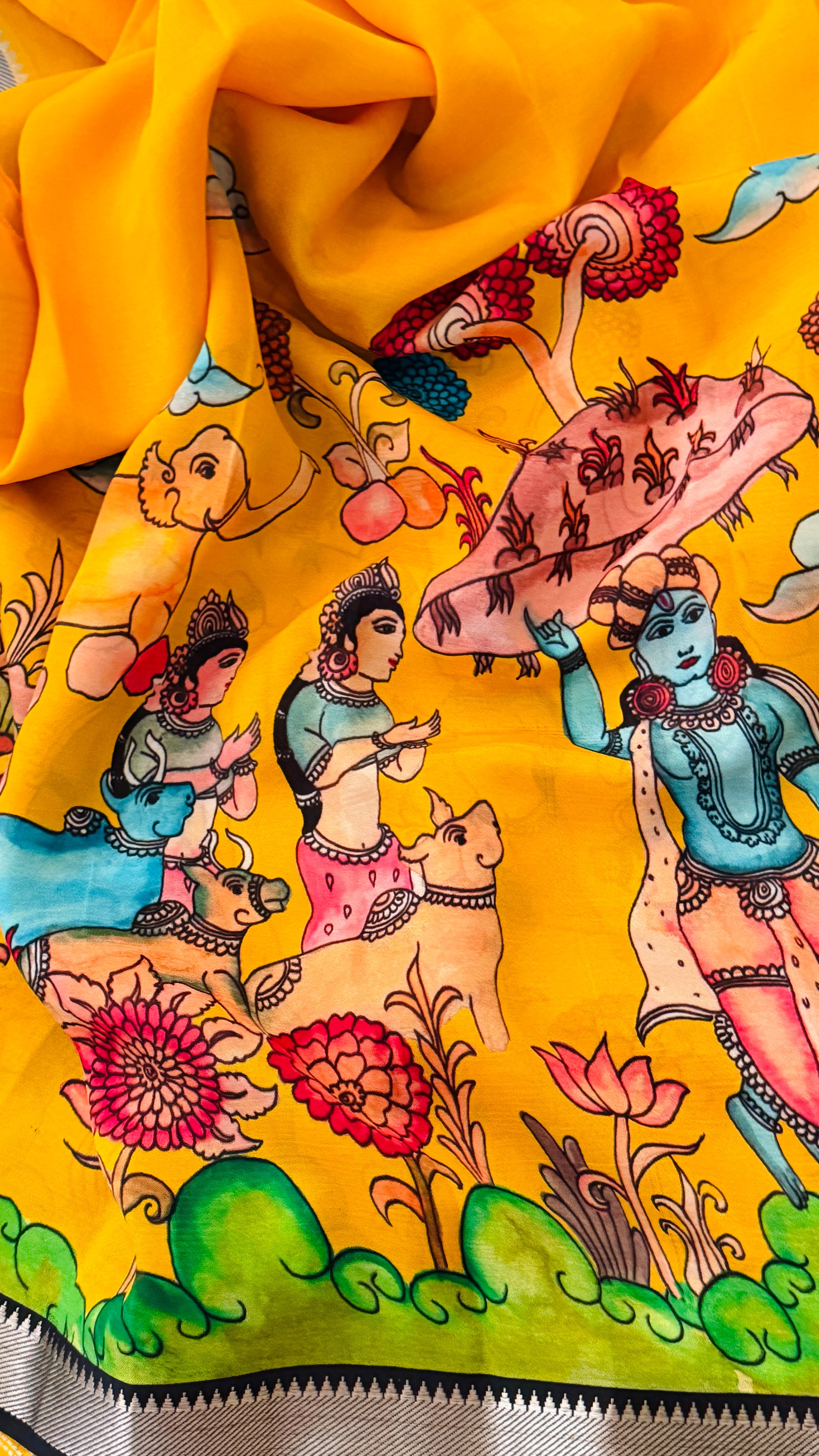 Black & Mustard Kalamkari Half Saree