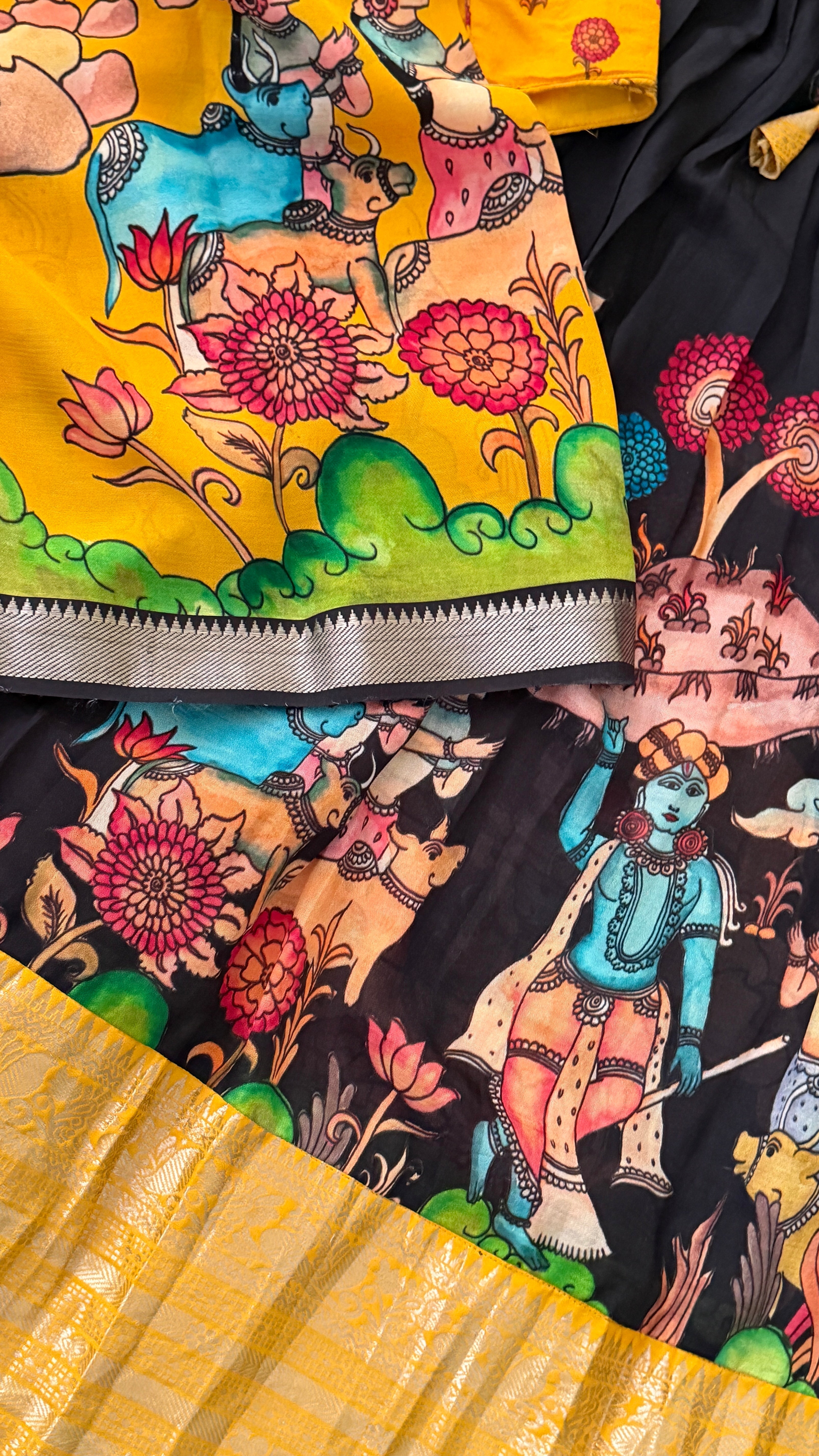 Black & Mustard Kalamkari Half Saree