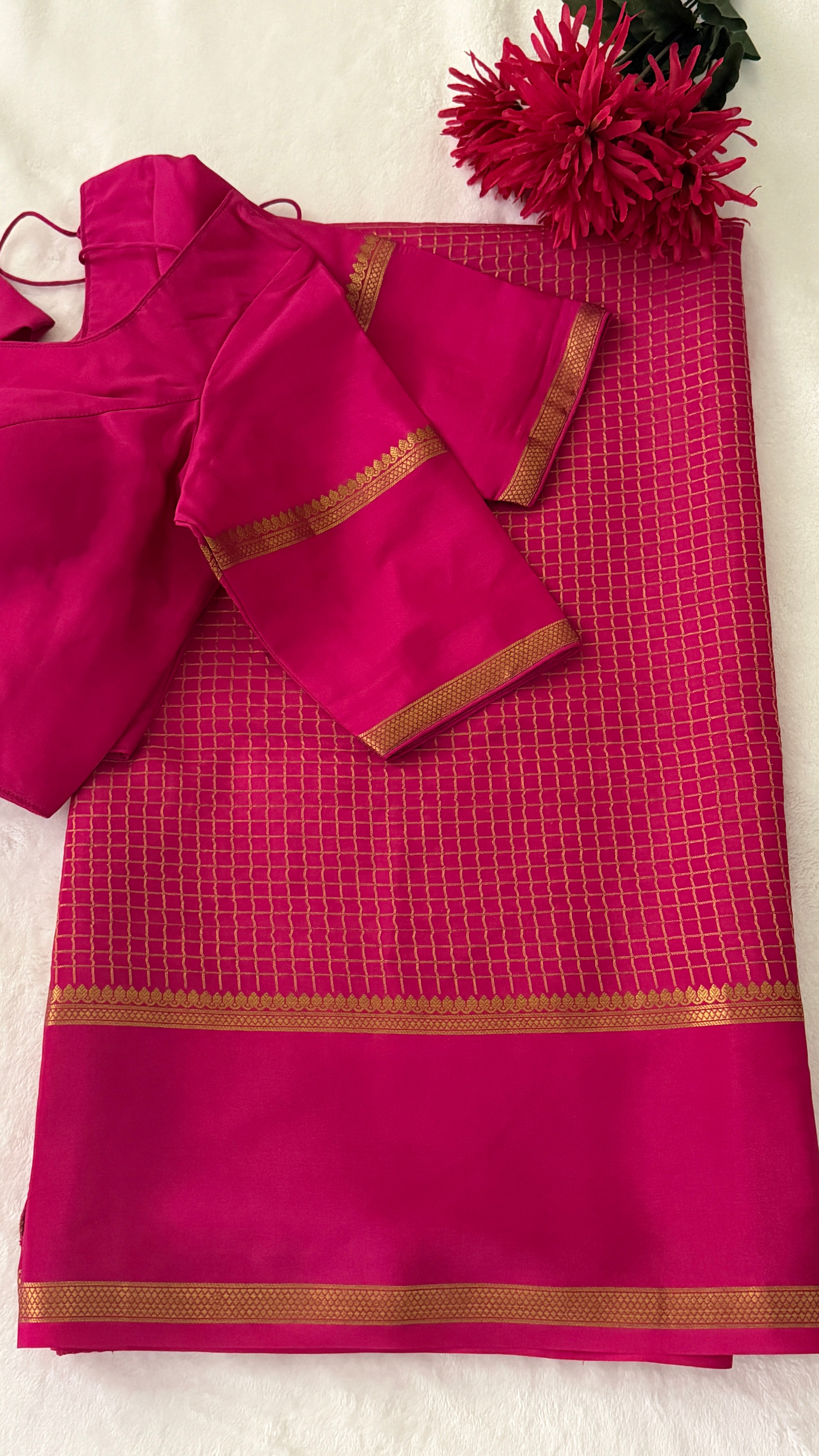 Pink Checks Mysore Silk Saree