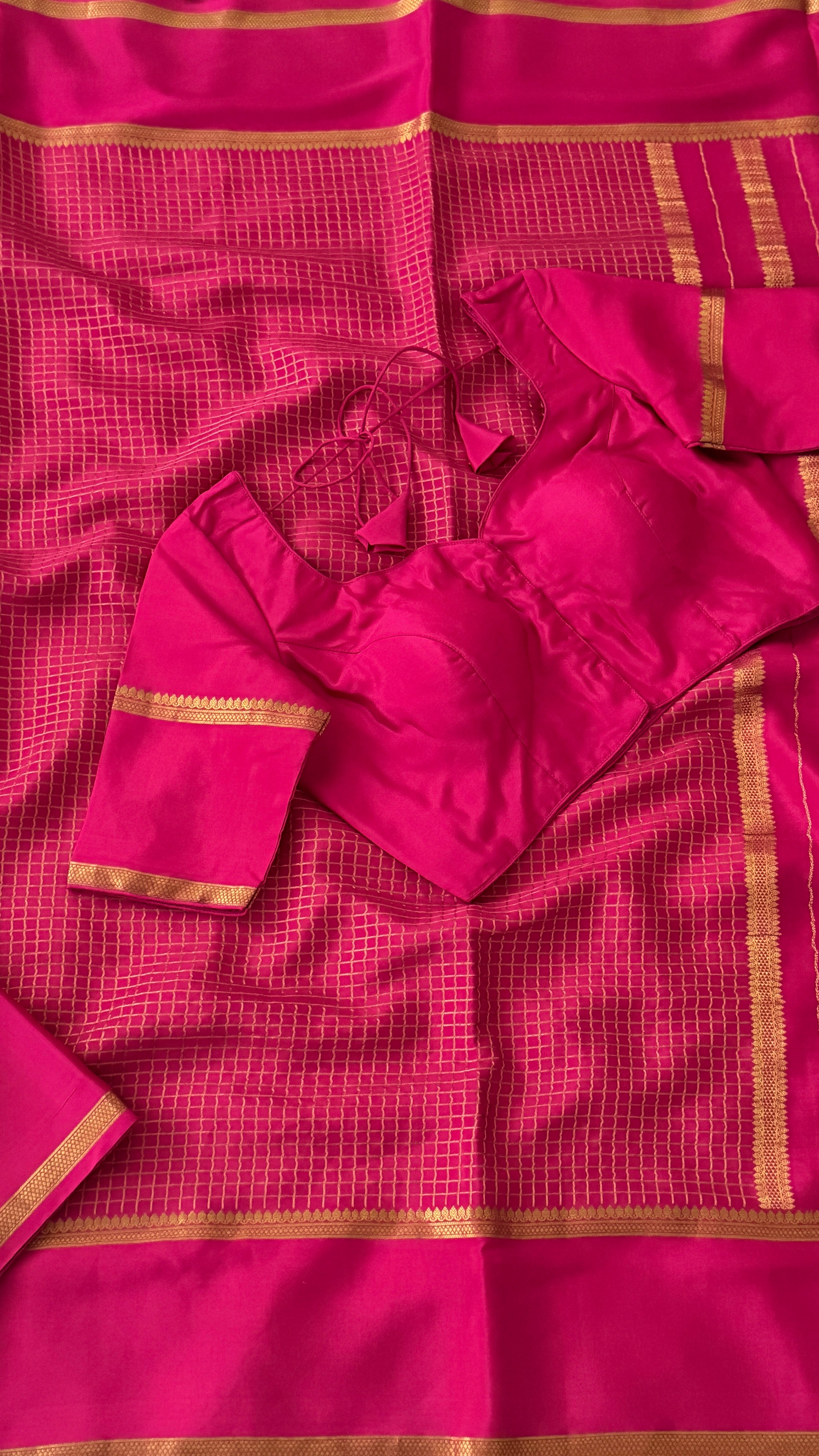 Pink Checks Mysore Silk Saree