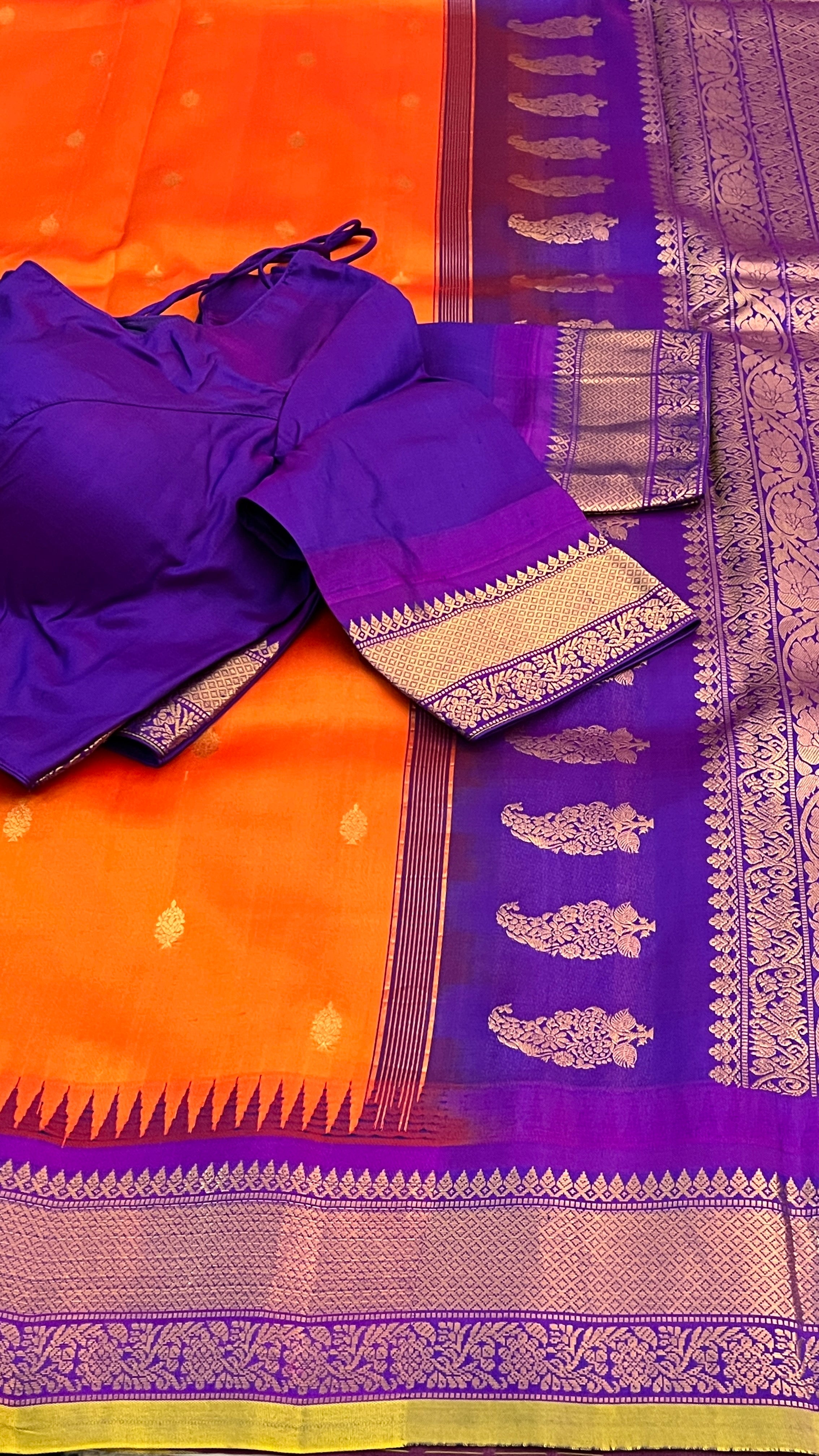 Orange & Violet Gadwal Silk Saree
