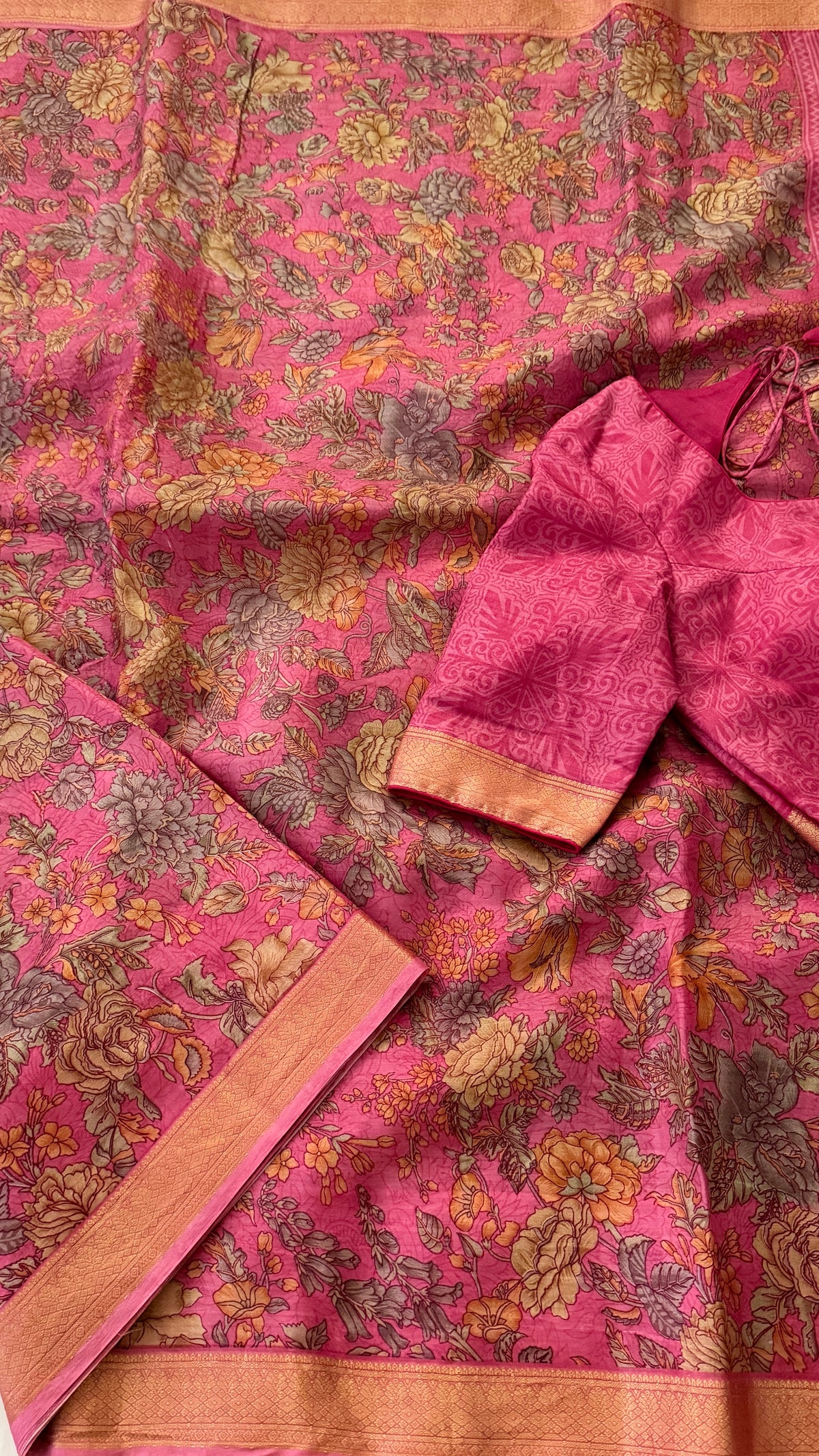 Pink Floral Print Silk Saree