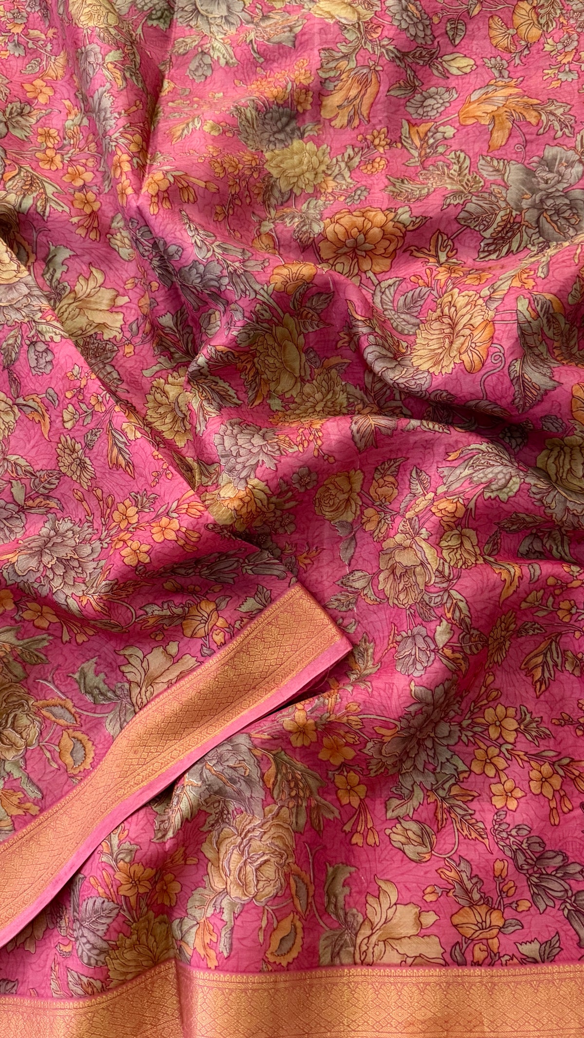 Pink Floral Print Silk Saree