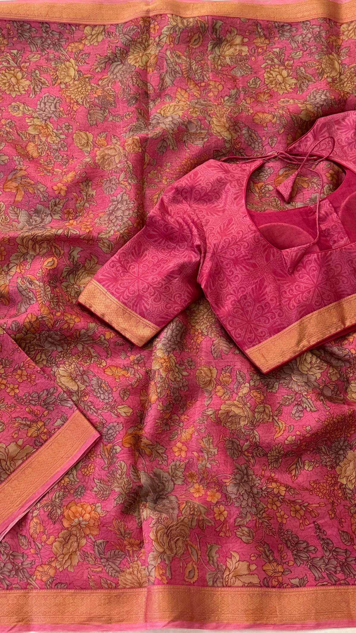 Pink Floral Print Silk Saree