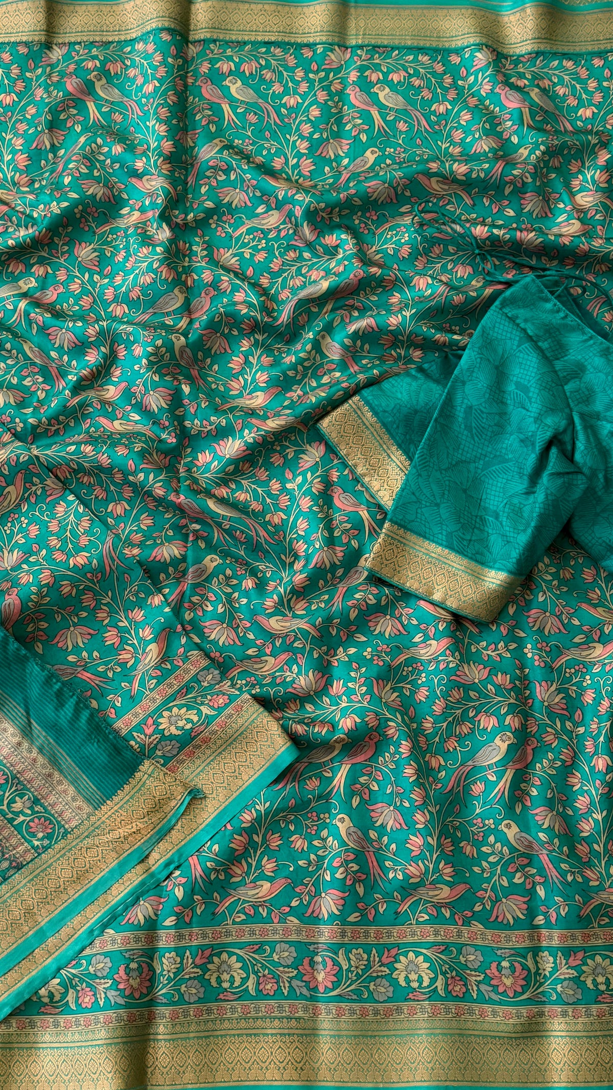 Teal Floral Print Silk Saree