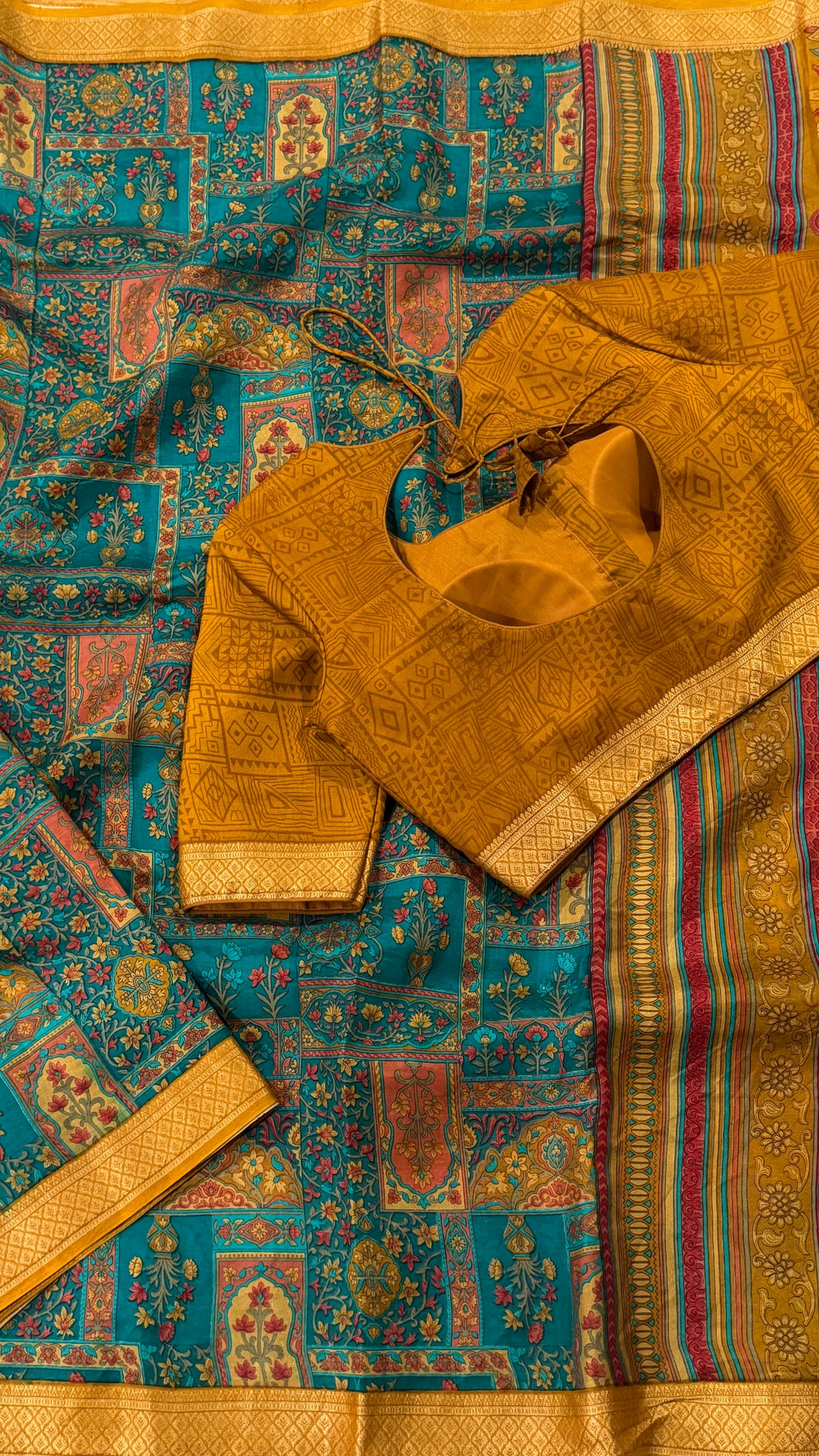 Teal Printed Silk Saree