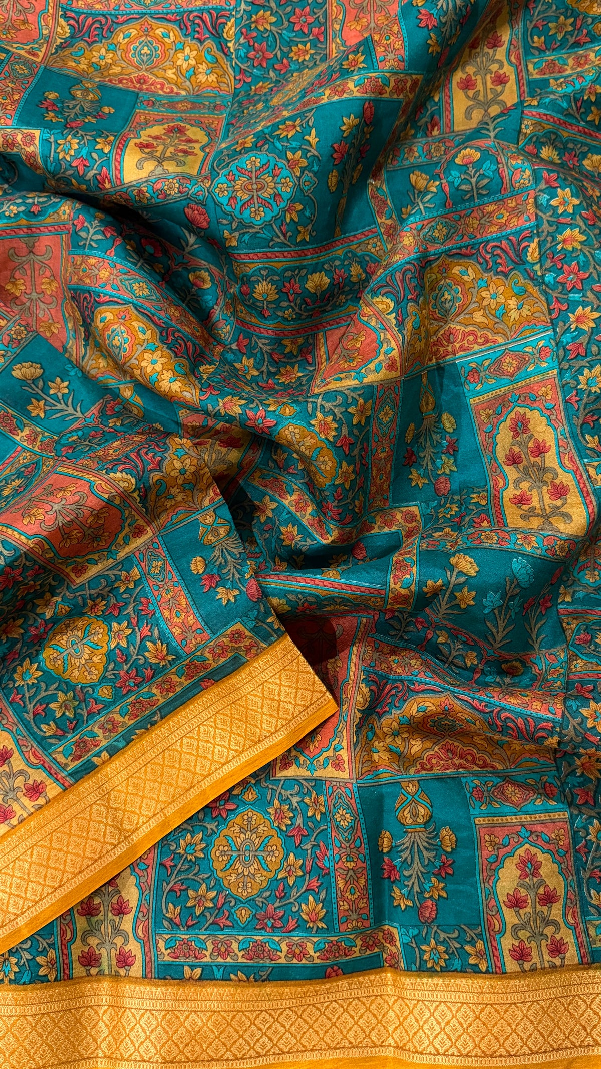 Teal Printed Silk Saree