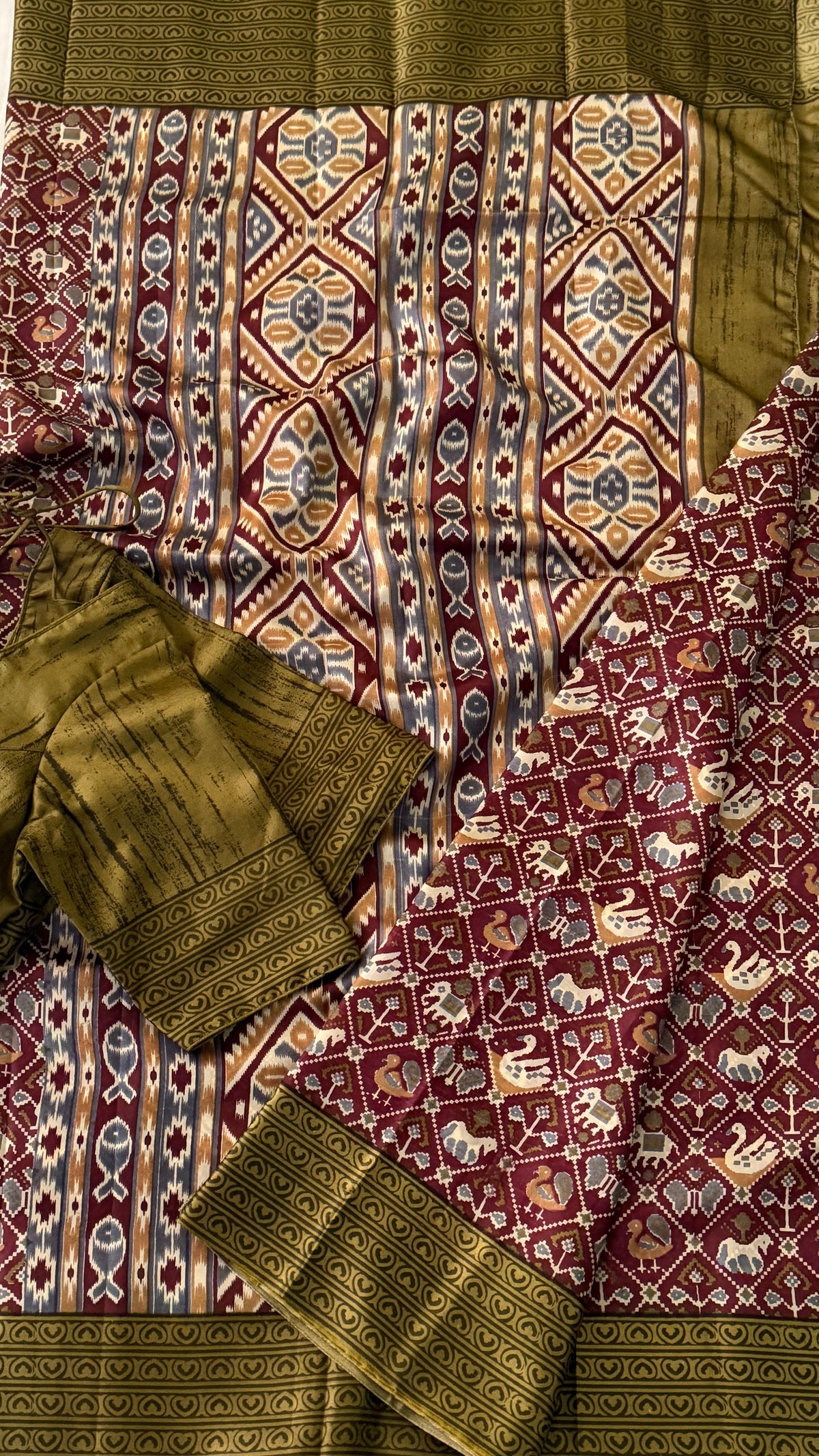 Brown Ikkat Print Silk Saree