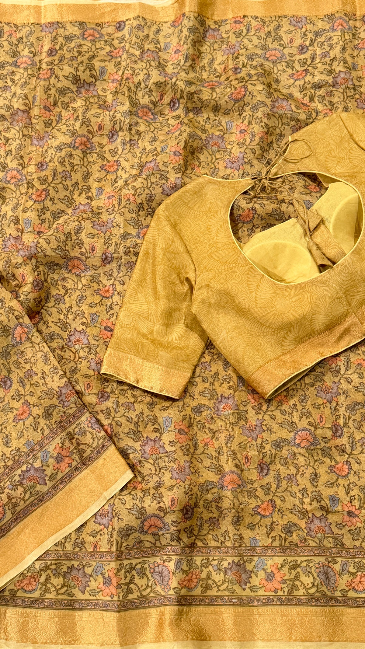 Beige Printed Silk Saree