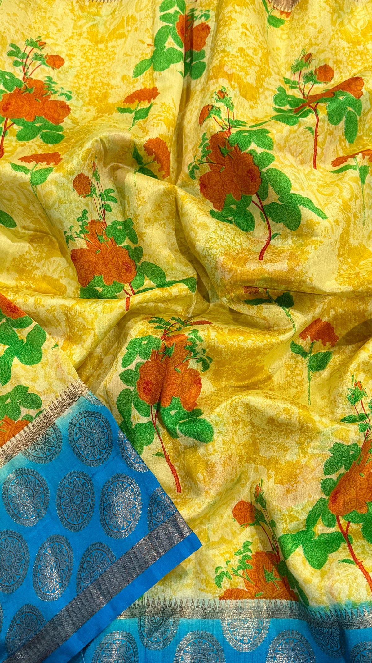 Yellow Printed Silk Saree