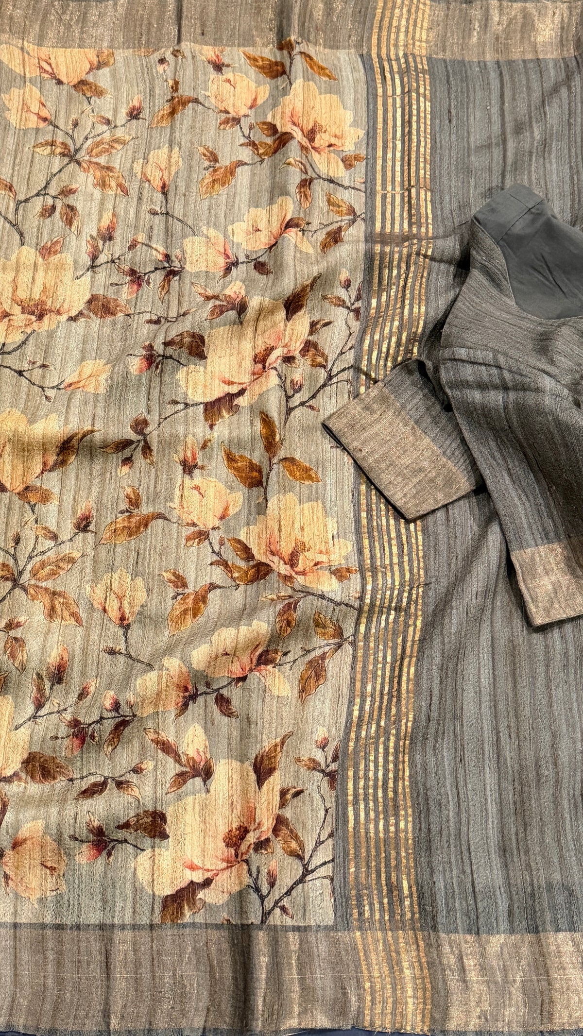 Grey Floral Raw Silk Saree