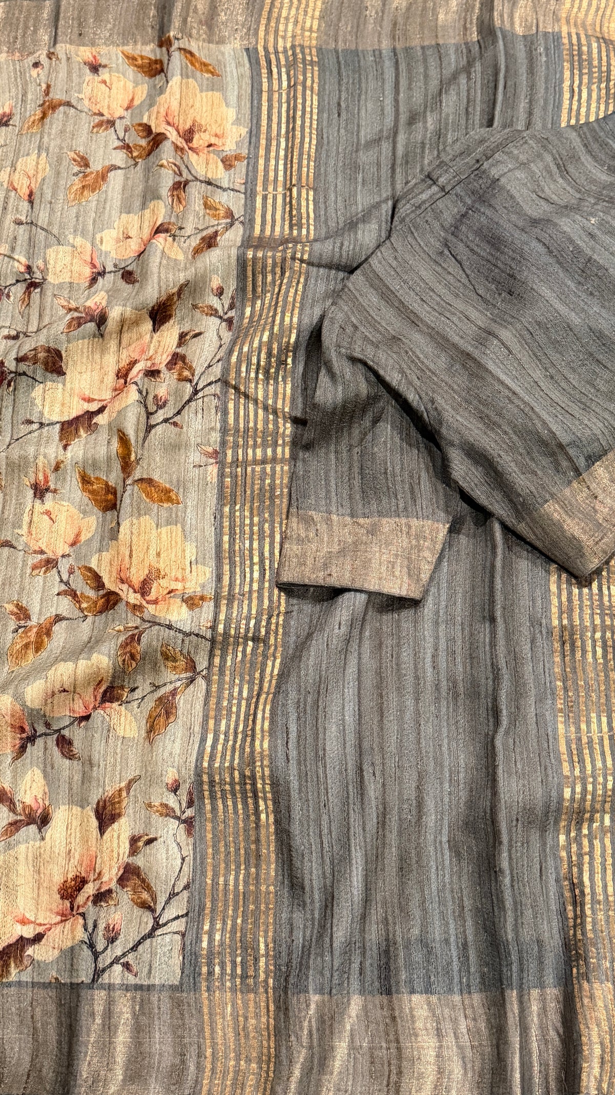 Grey Floral Raw Silk Saree