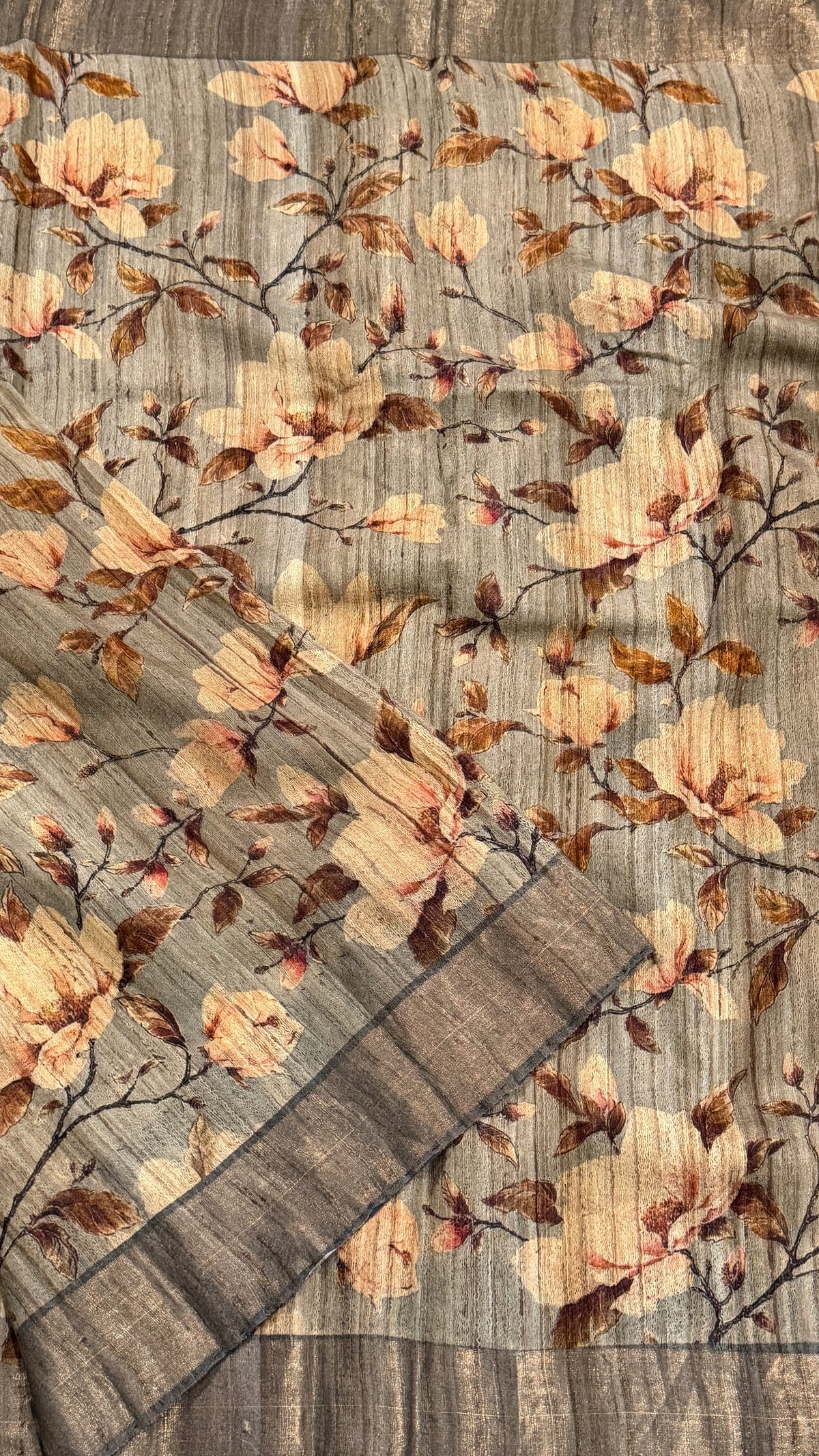 Grey Floral Raw Silk Saree