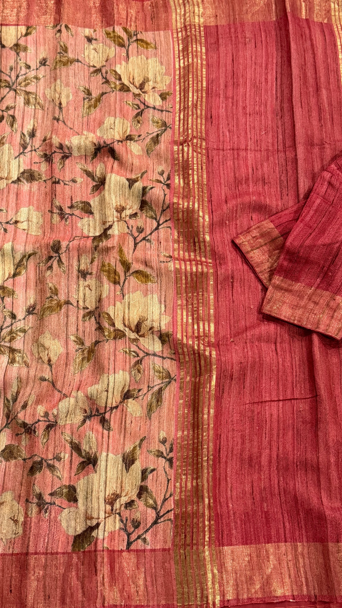 Soft Pink Floral Raw Silk Saree