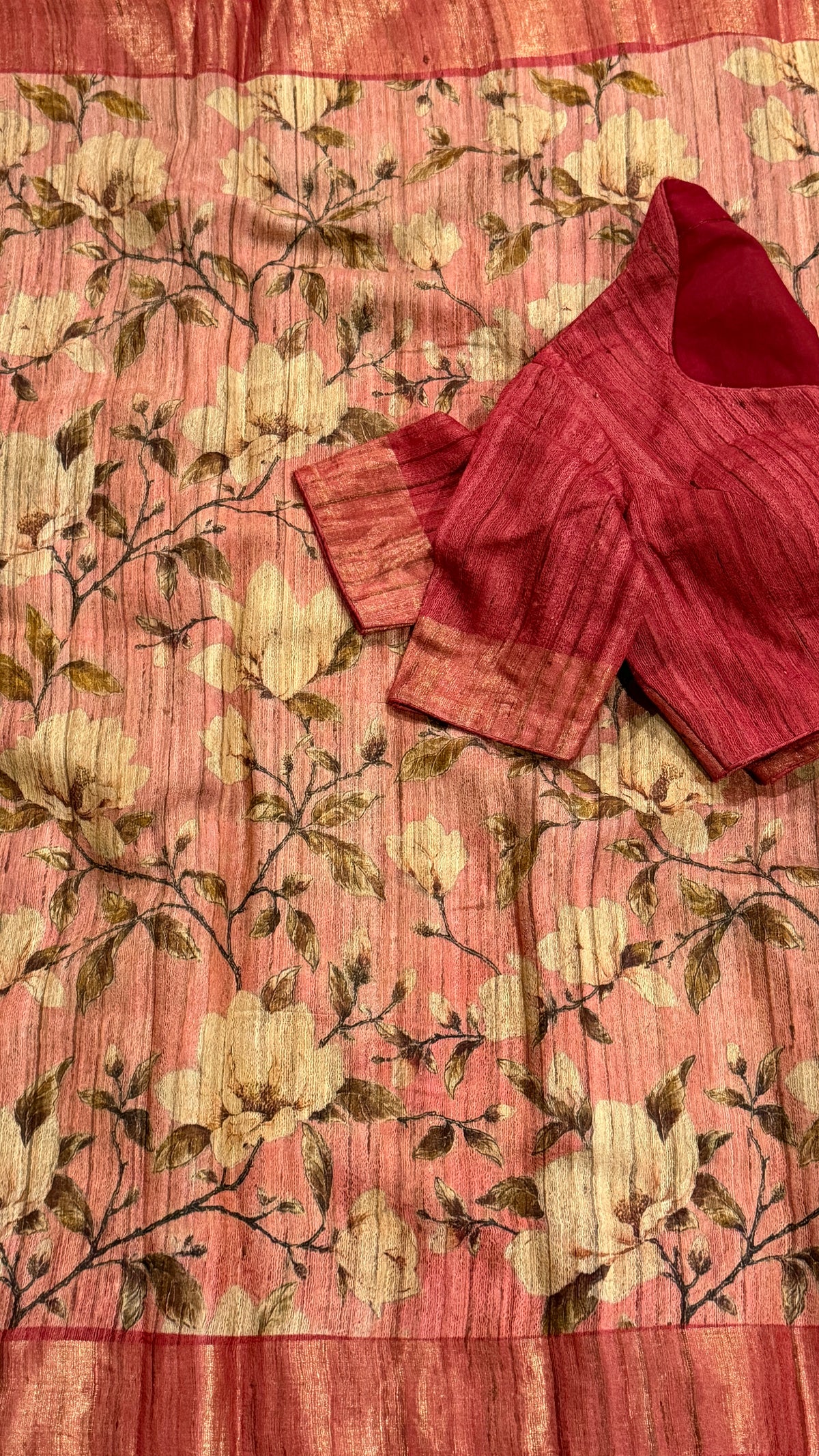 Soft Pink Floral Raw Silk Saree