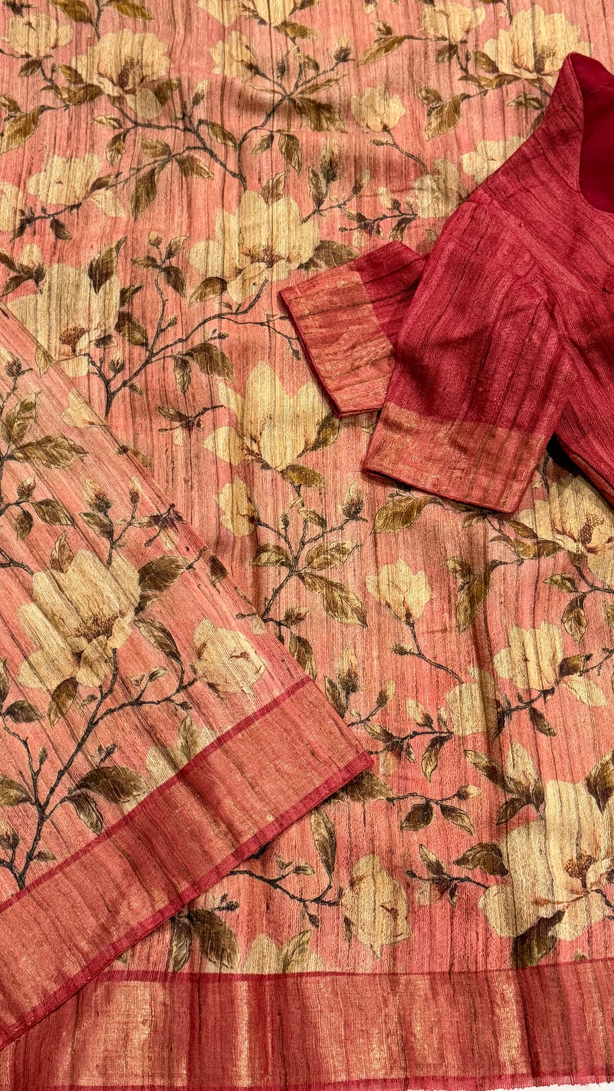 Soft Pink Floral Raw Silk Saree